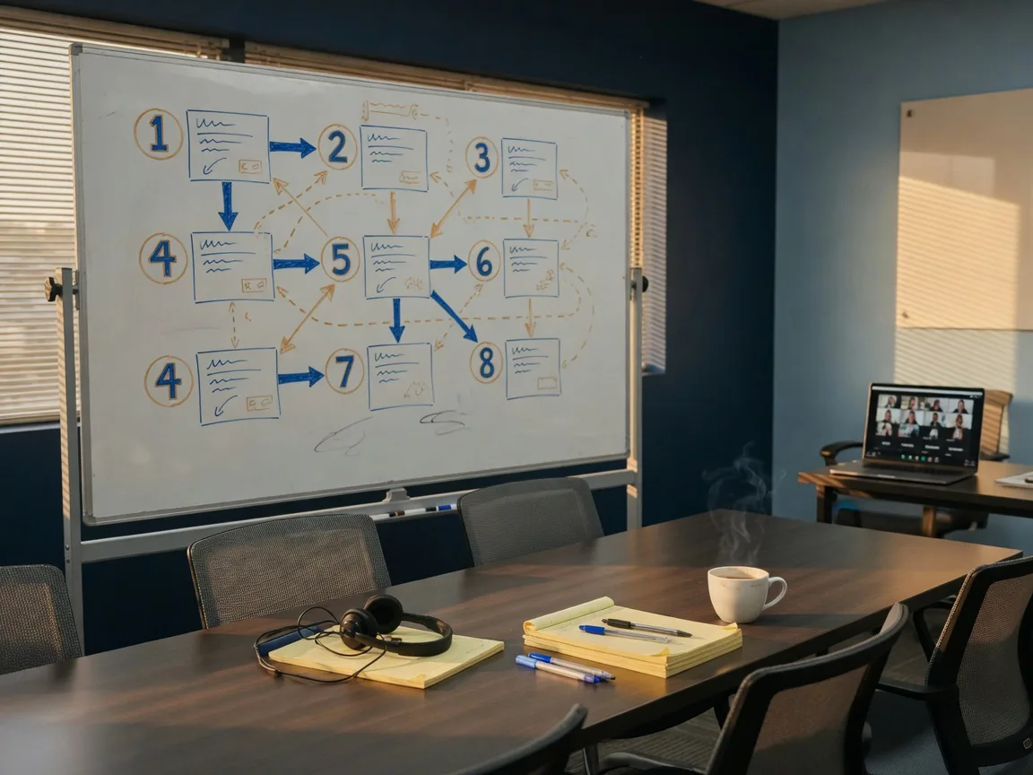 A training room whiteboard with a hand-drawn call framework, a headset, and notepads on the table