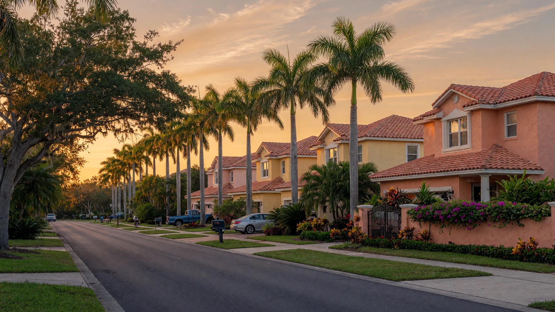 A palm-lined residential street in Bradenton at golden hour, with Mediterranean-style stucco homes and terracotta roofs