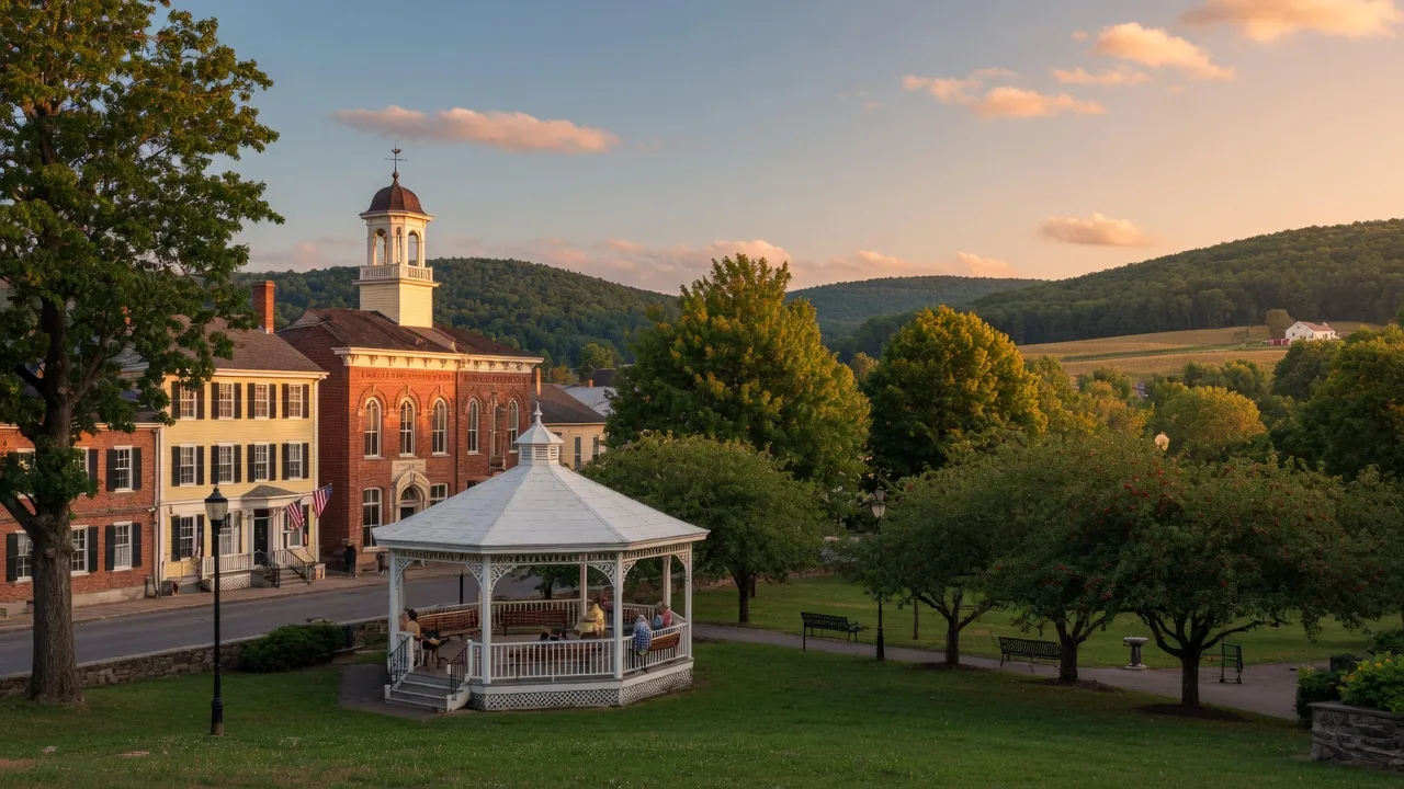 Scenic view of Warwick, New York with historic buildings a gazebo and rolling hills