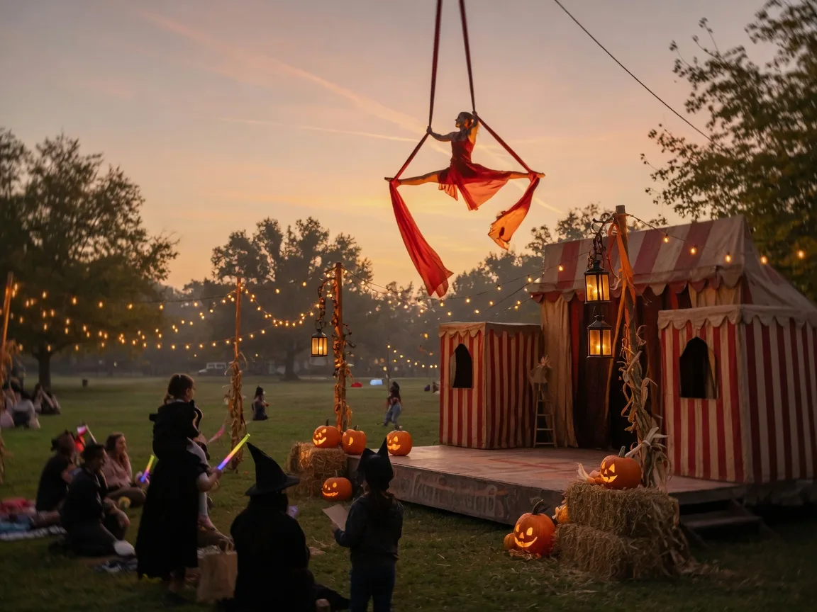 A family-friendly Halloween circus stage in a suburban park at golden hour with striped booths, glowing lanterns, pumpkins and hay bales, and a trapeze artist above silhouetted families on the lawn
