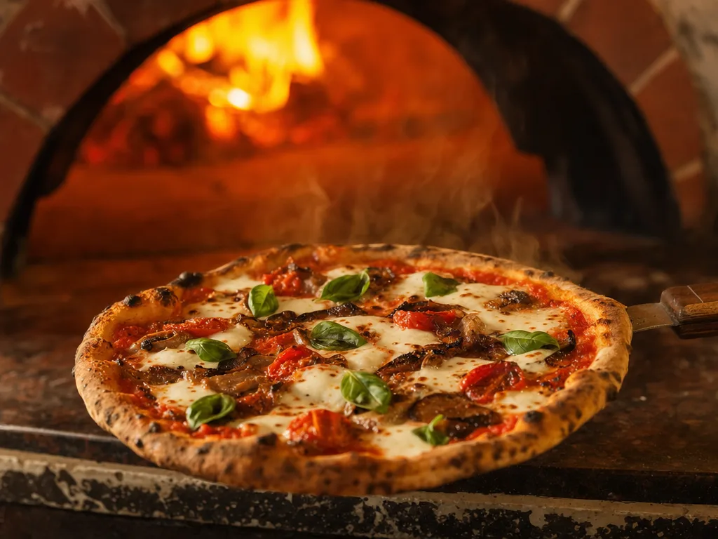 Wood-fired pizza from the stone oven at Parma Rustic Tavern in Buford Georgia with blistered crust, melted mozzarella, and fresh basil