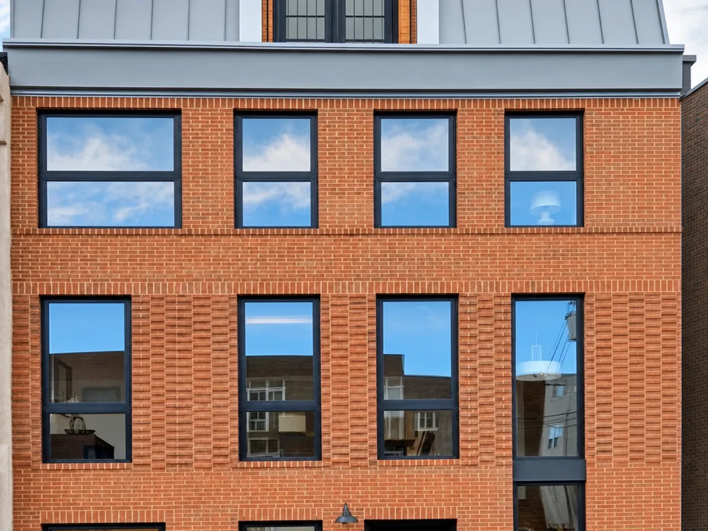 Contemporary urban brick townhome with dark-framed windows and metal roofline in Philadelphia, PA