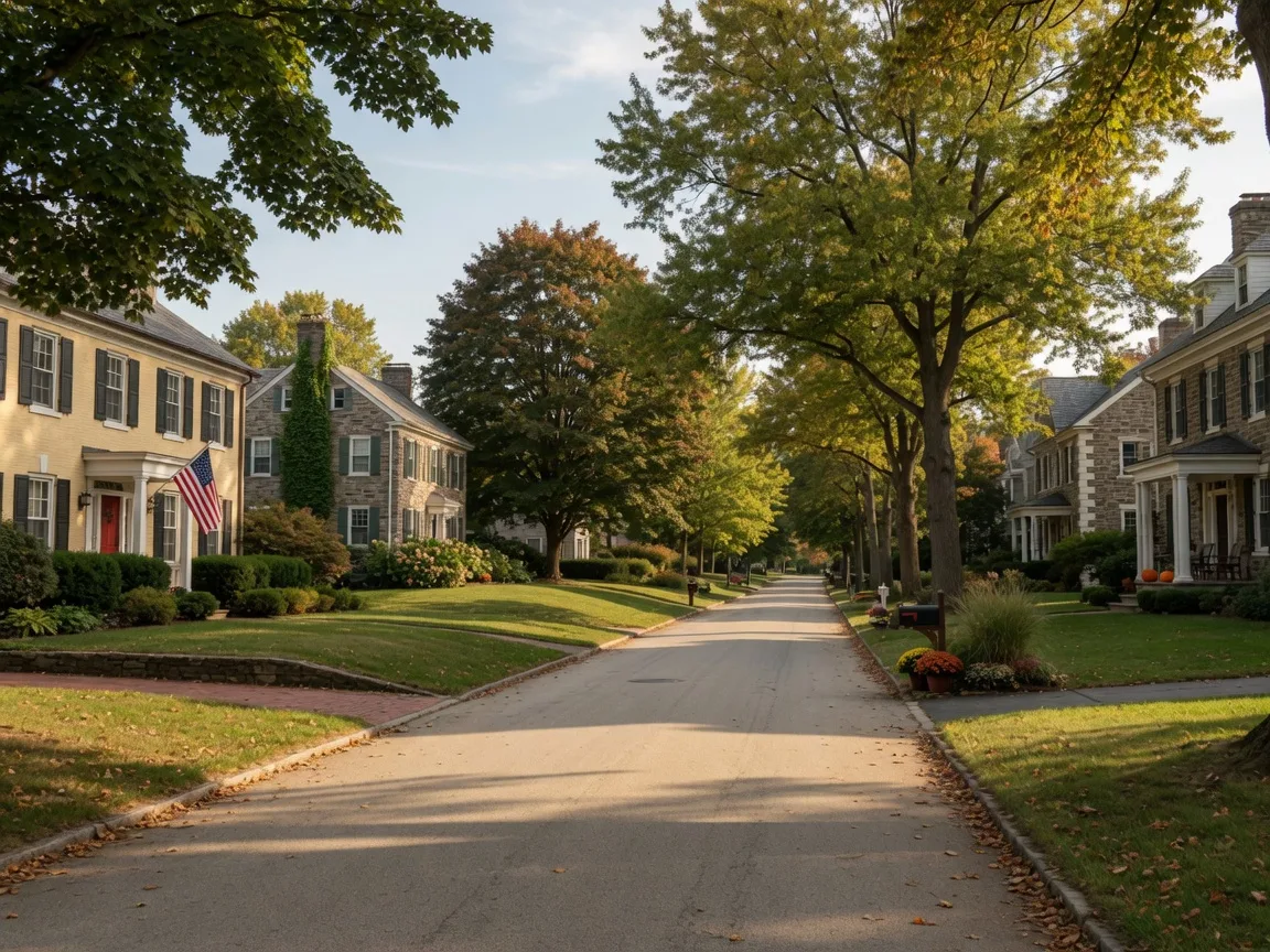 Wide residential lane in Blue Bell, Pennsylvania with stately colonial and stone homes on large landscaped lots in late afternoon light