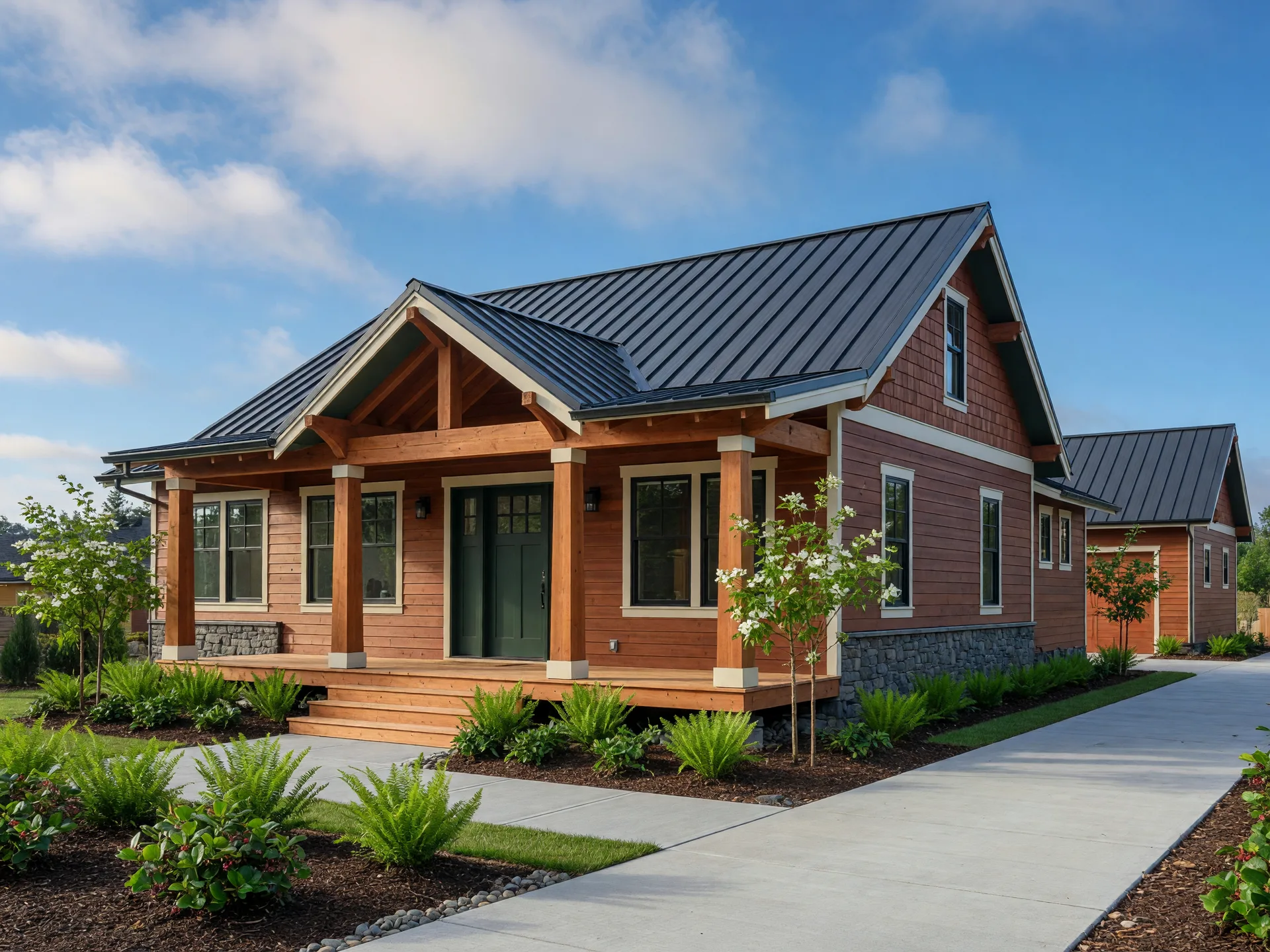 Newly built Pacific Northwest craftsman home with cedar accents and a front porch