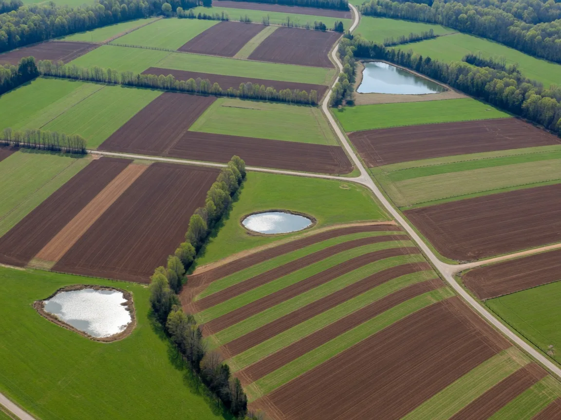 Aerial view of North Georgia pastures divided by fence lines and tree rows