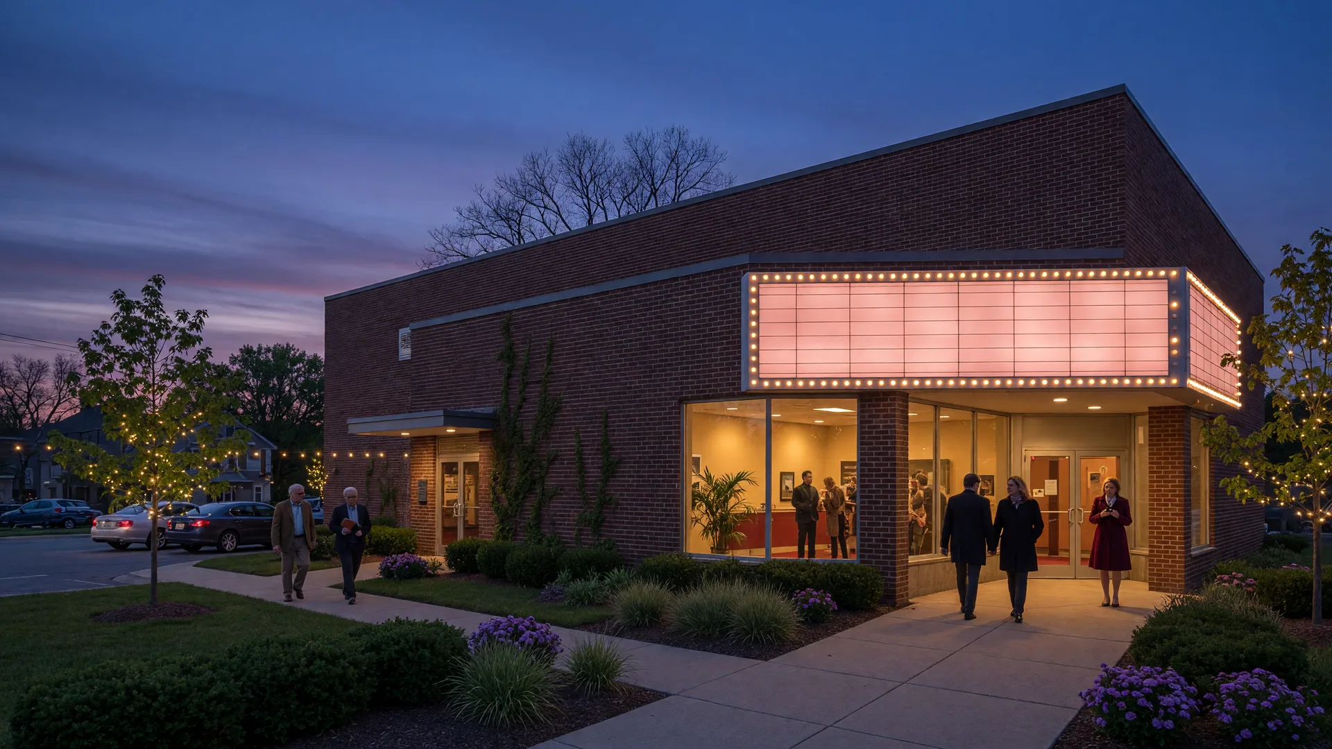 The brick Beck Center for the Arts in Lakewood Ohio at dusk with a softly glowing marquee and warm lobby windows as patrons arrive for a performance