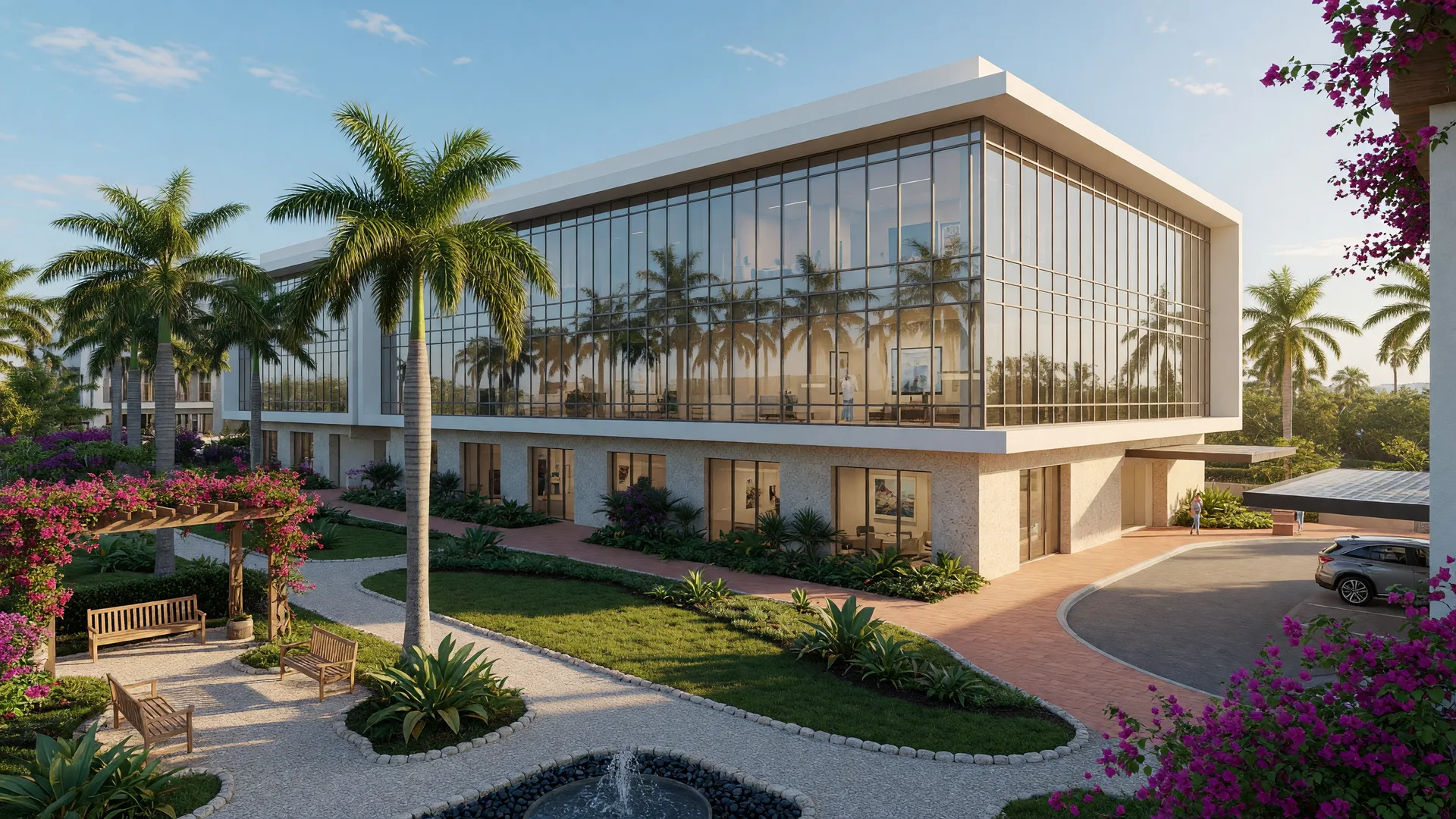 A modern healthcare campus in Sarasota, Florida with contemporary glass architecture, palm trees, tropical landscaping, and a peaceful healing garden in the foreground