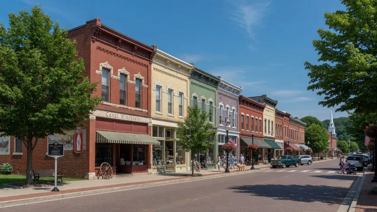 Historic downtown Canal Winchester Ohio with brick-fronted storefronts, canal heritage, and small-town Main Street character