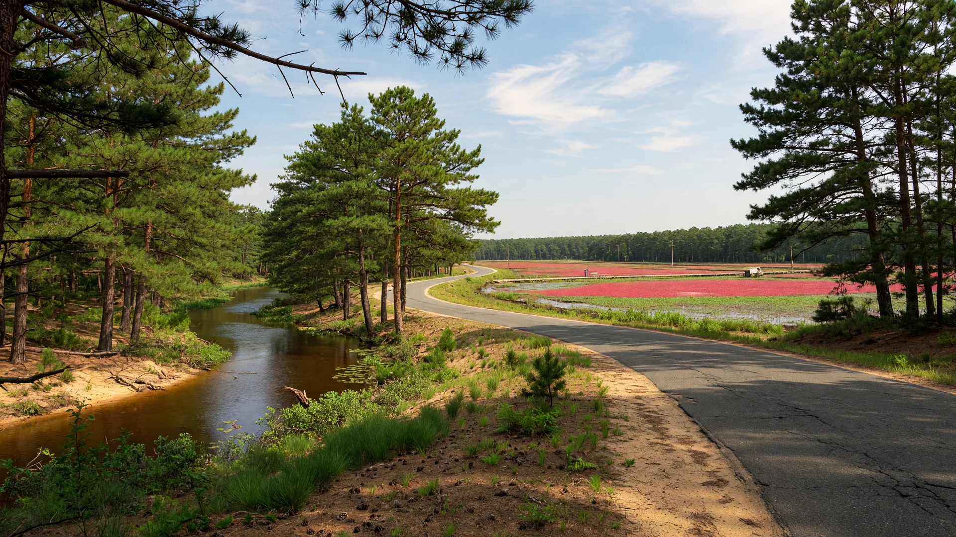 Scenic rural road winding through the Pine Barrens in Shamong Township NJ with pitch pines and open sky