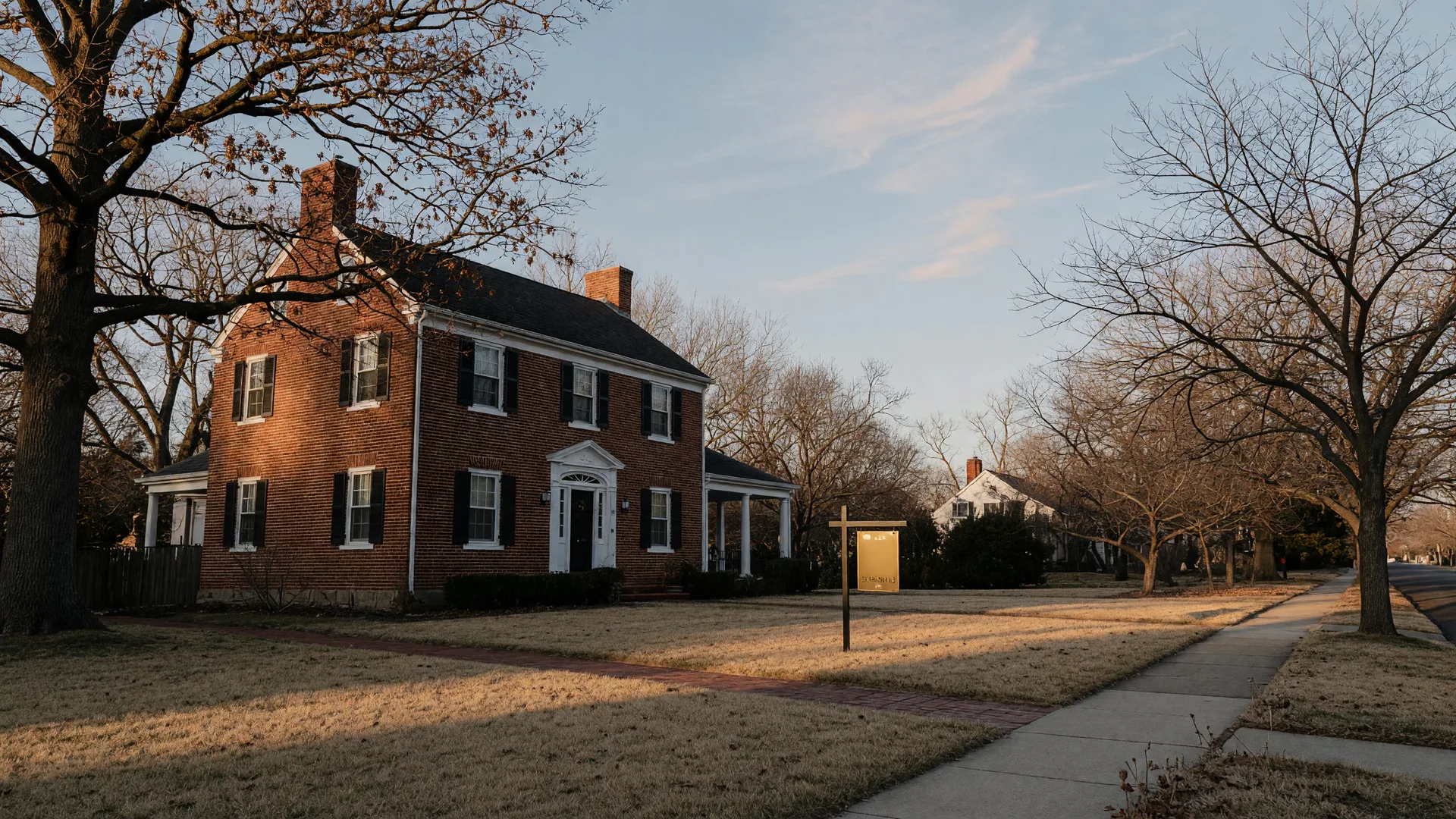 Brick colonial home on a tree-lined Burlington County street with a gold For Sale sign in the lawn