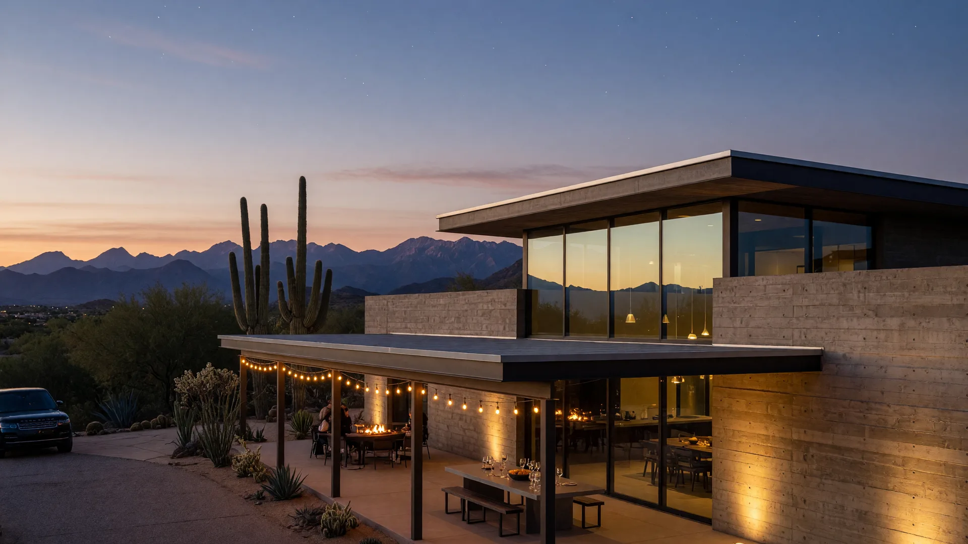 A desert-modern luxury estate in Scottsdale at dusk in early fall, glowing patio lights and saguaro silhouettes against the McDowell Mountains