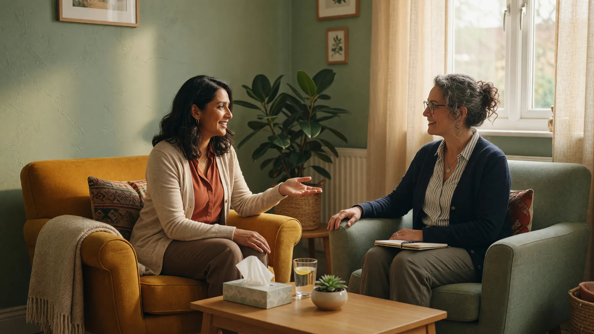 Adult woman having a warm consultation with a healthcare professional in a calming therapy room