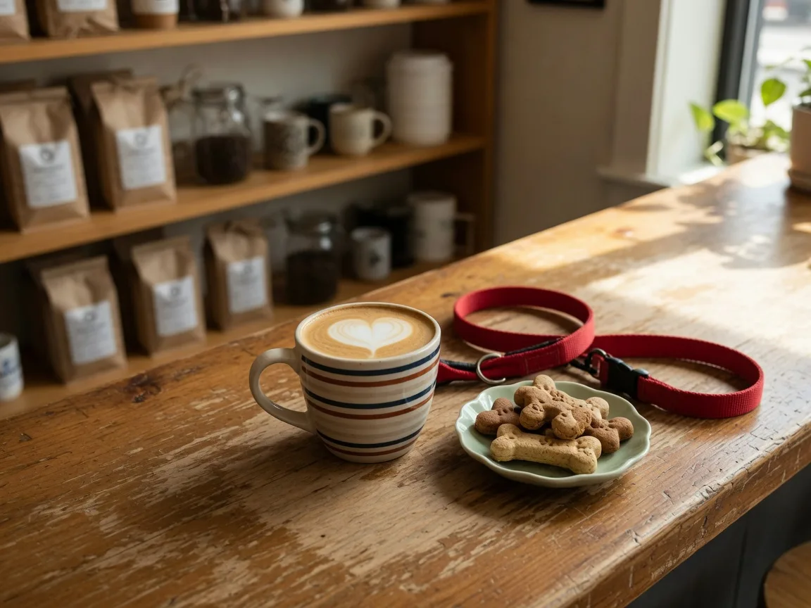 A ceramic latte mug with heart latte art beside a small dish of bone-shaped dog biscuits and a folded red leash on a worn wooden café counter in warm window light