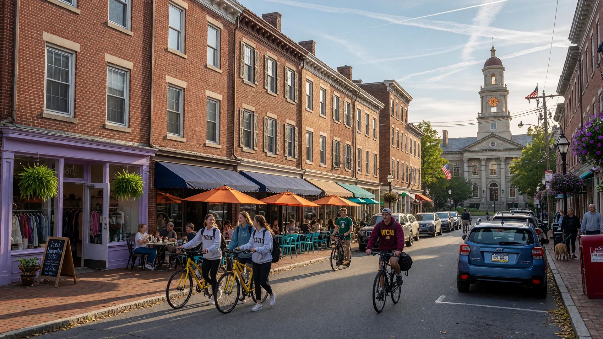 Downtown West Chester with historic buildings and university life