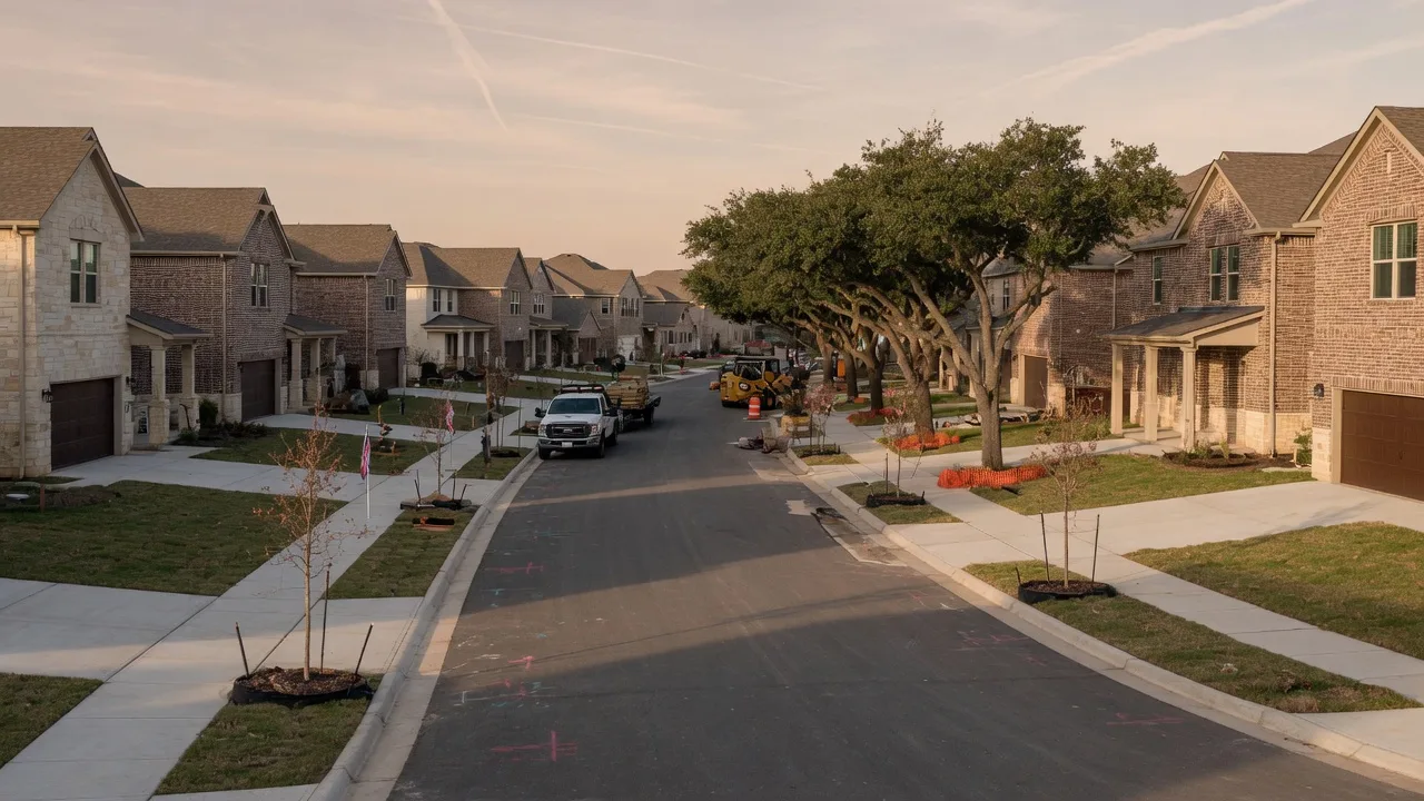 A fast-growing Texas suburb street with new brick and stone homes, young trees, and new curbs at late afternoon in Schertz, in the San Antonio home inspection service area of Rodeo Home Inspections