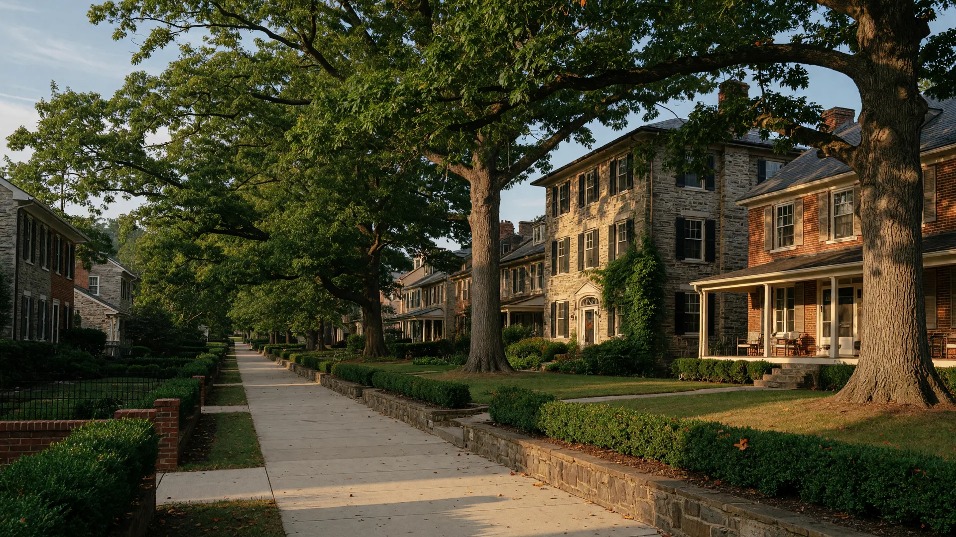 A tree-lined residential street in Rydal PA in early September with golden late-afternoon light across historic stone and brick homes under mature oaks with the first hints of autumn color