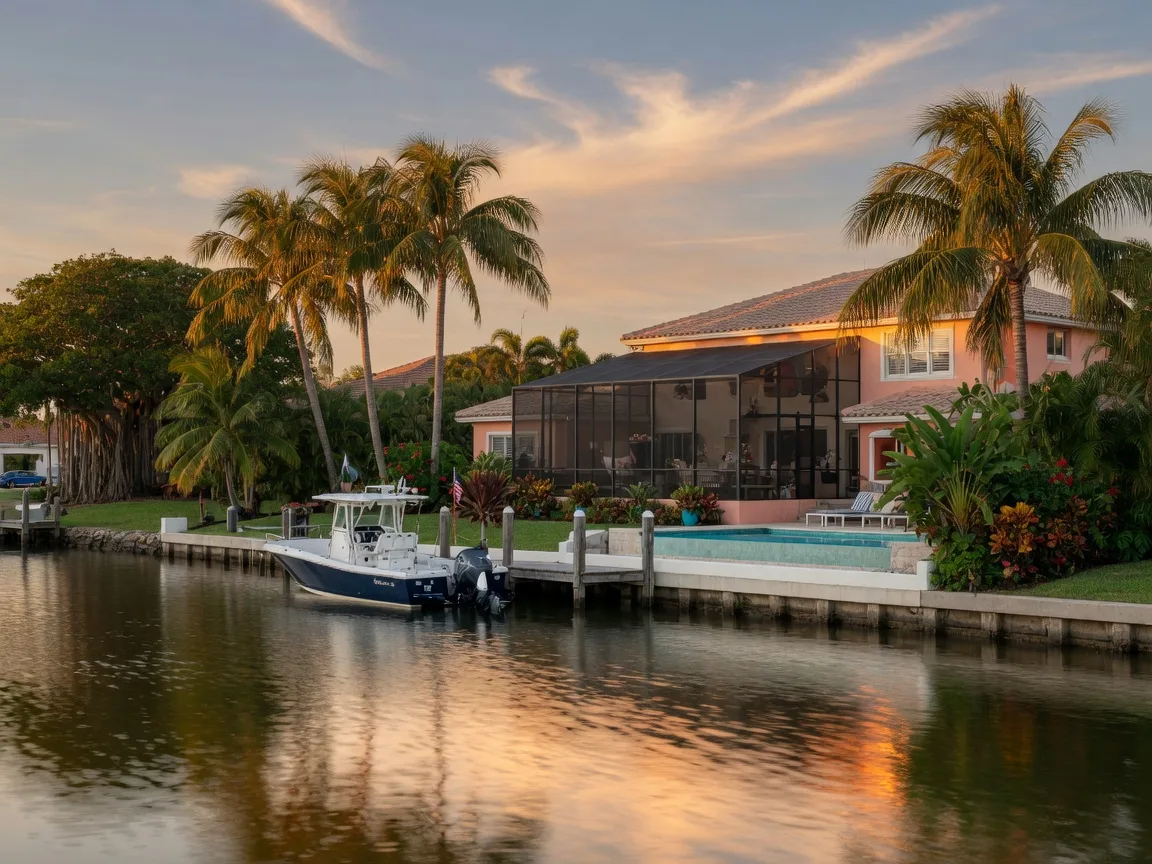 Waterfront home on a residential canal in Naples, Florida with a screened lanai, pool, dock and moored boat at golden hour