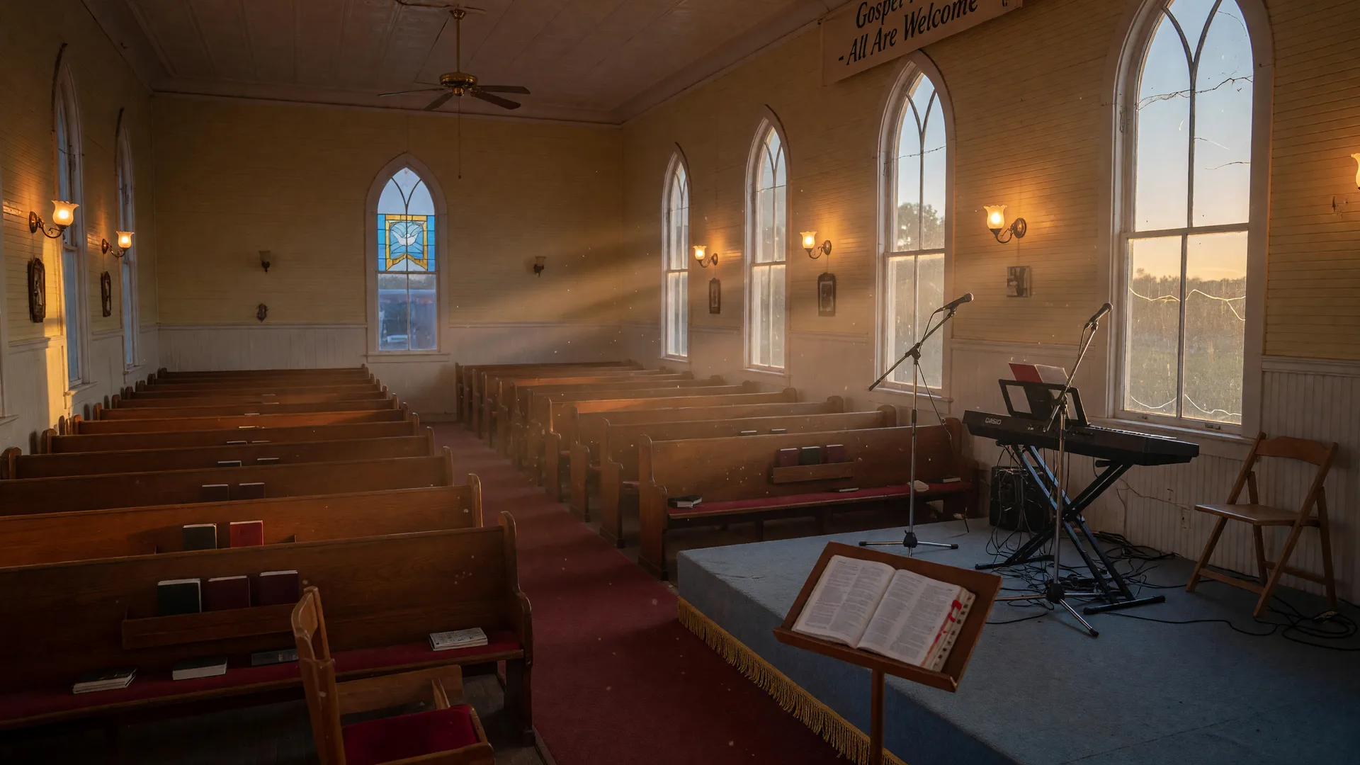 A small-town Texas church sanctuary set for an evening gospel concert, with wooden pews, a simple stage, and warm golden light