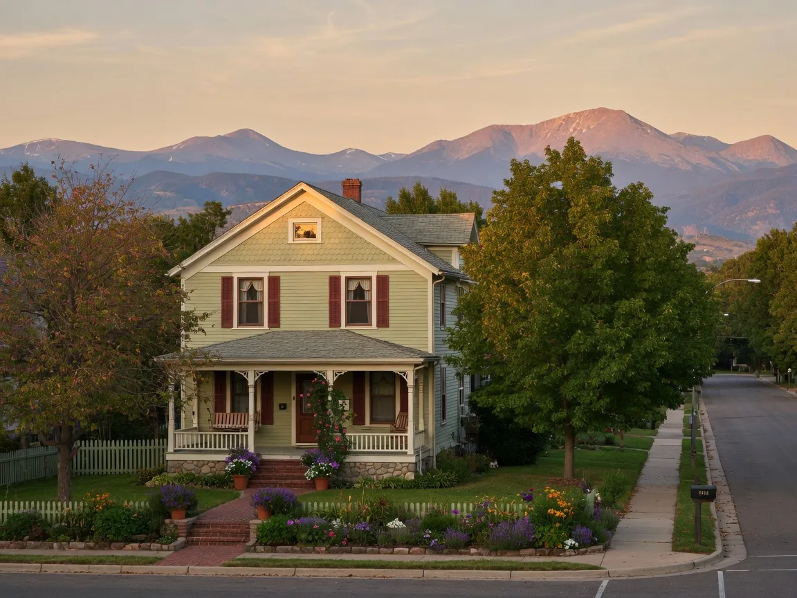 Historic early 20th-century home in Old North Longmont with mature trees and Rocky Mountain views