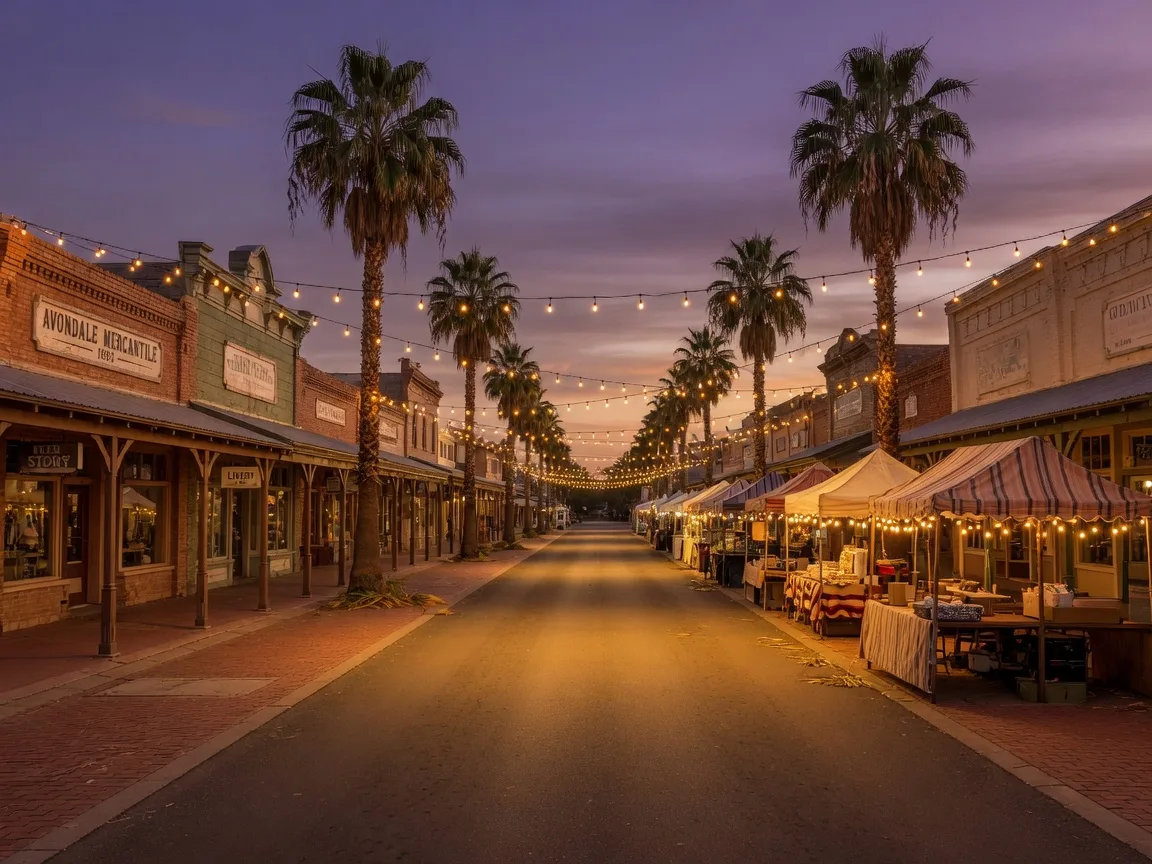Historic western main street in old-town Avondale strung with lights at festival dusk