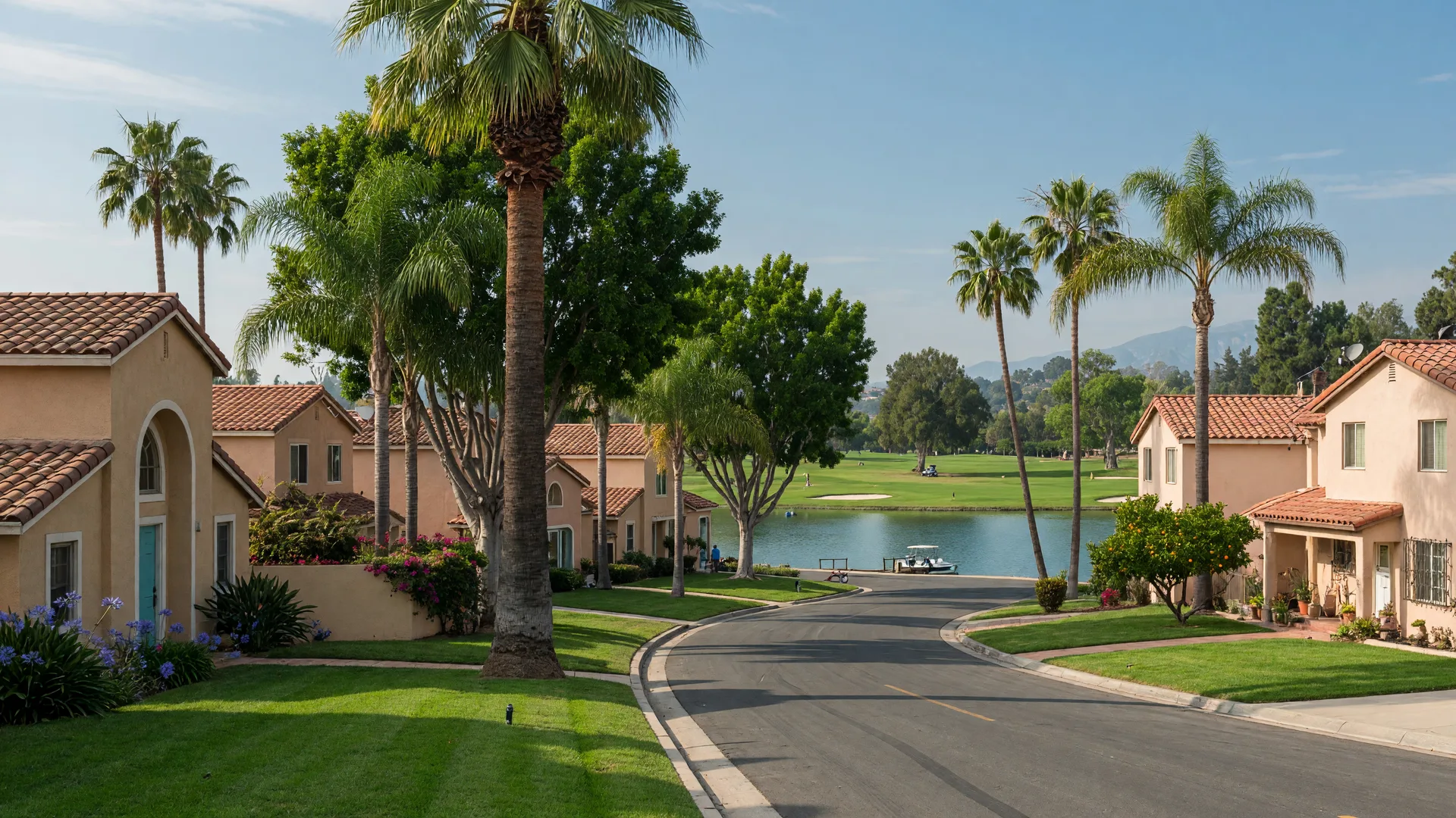 A quiet tree-lined street with established stucco homes and manicured lawns in the Menifee Lakes community