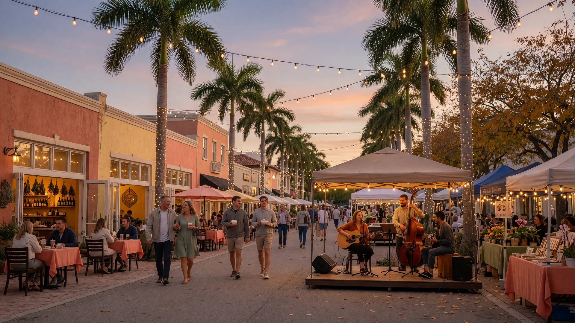 Downtown South Florida street at dusk with string lights over palm-lined sidewalks, an acoustic musician playing on a corner stage, and couples strolling past outdoor restaurant tables