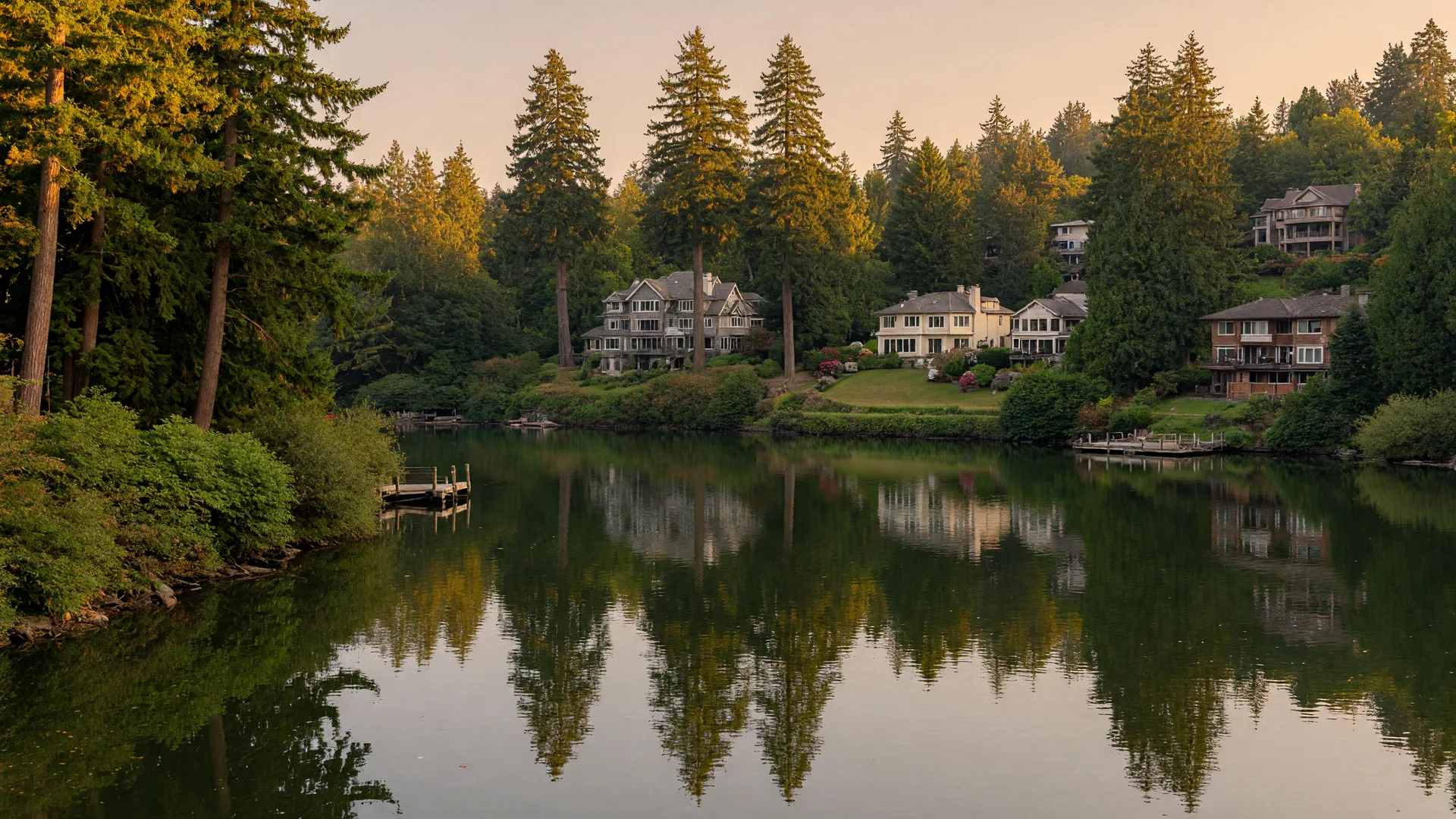 Willamette River waterfront in Lake Oswego on a late summer afternoon with tall evergreens and established homes on wooded lots