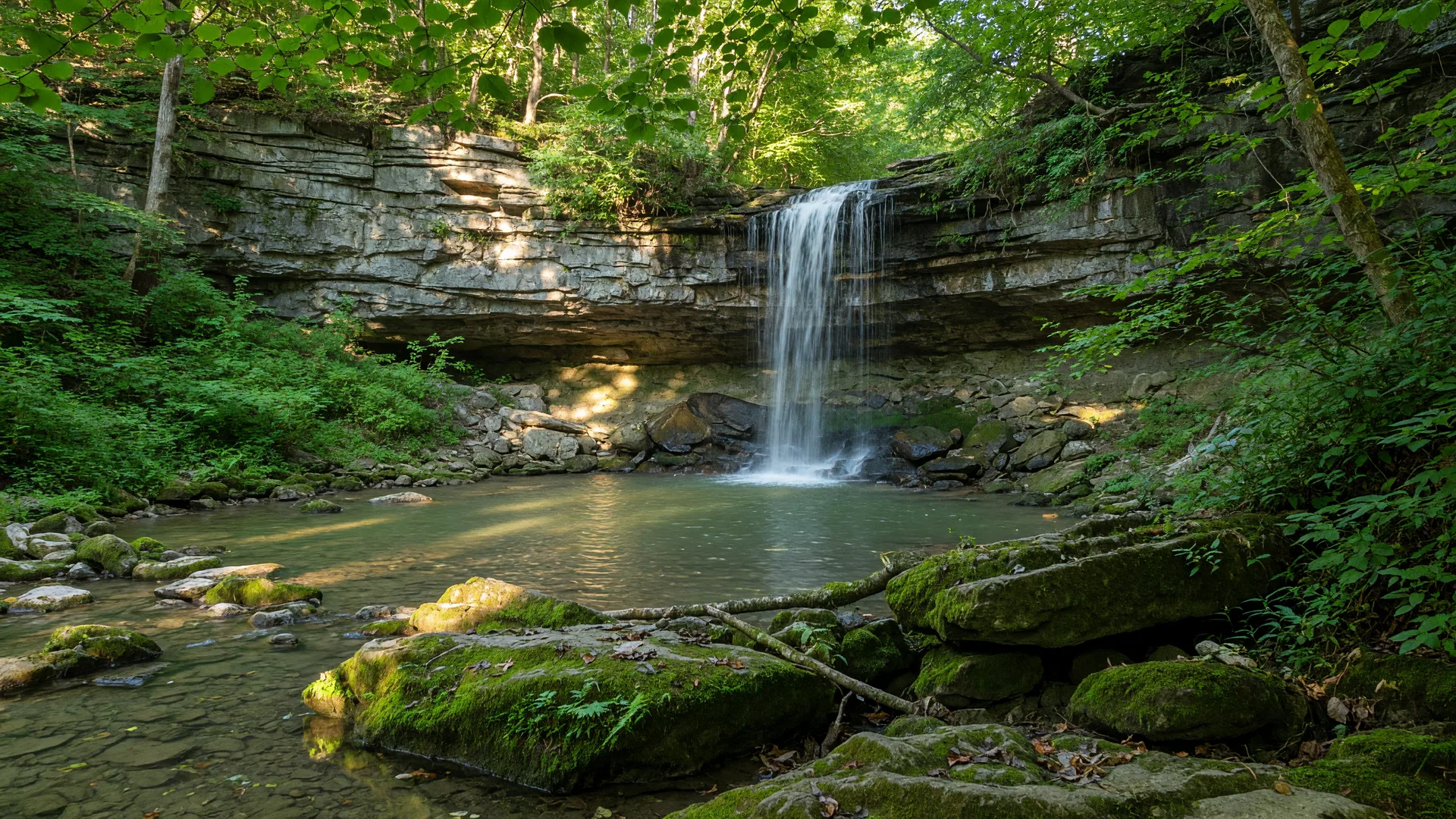 A gentle waterfall cascading over a limestone cliff at Charleston Falls Preserve in Tipp City Ohio, surrounded by lush green forest with dappled sunlight filtering through the trees