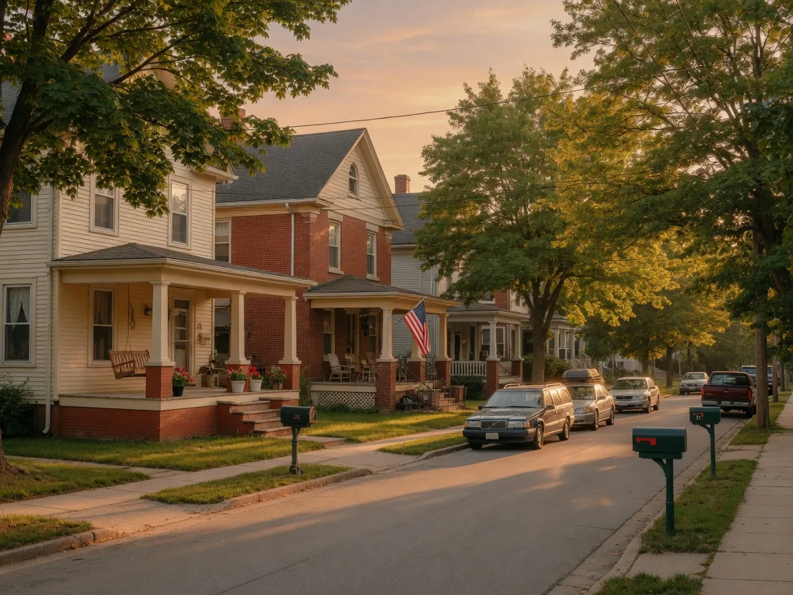 A quiet tree-lined residential street in golden evening light