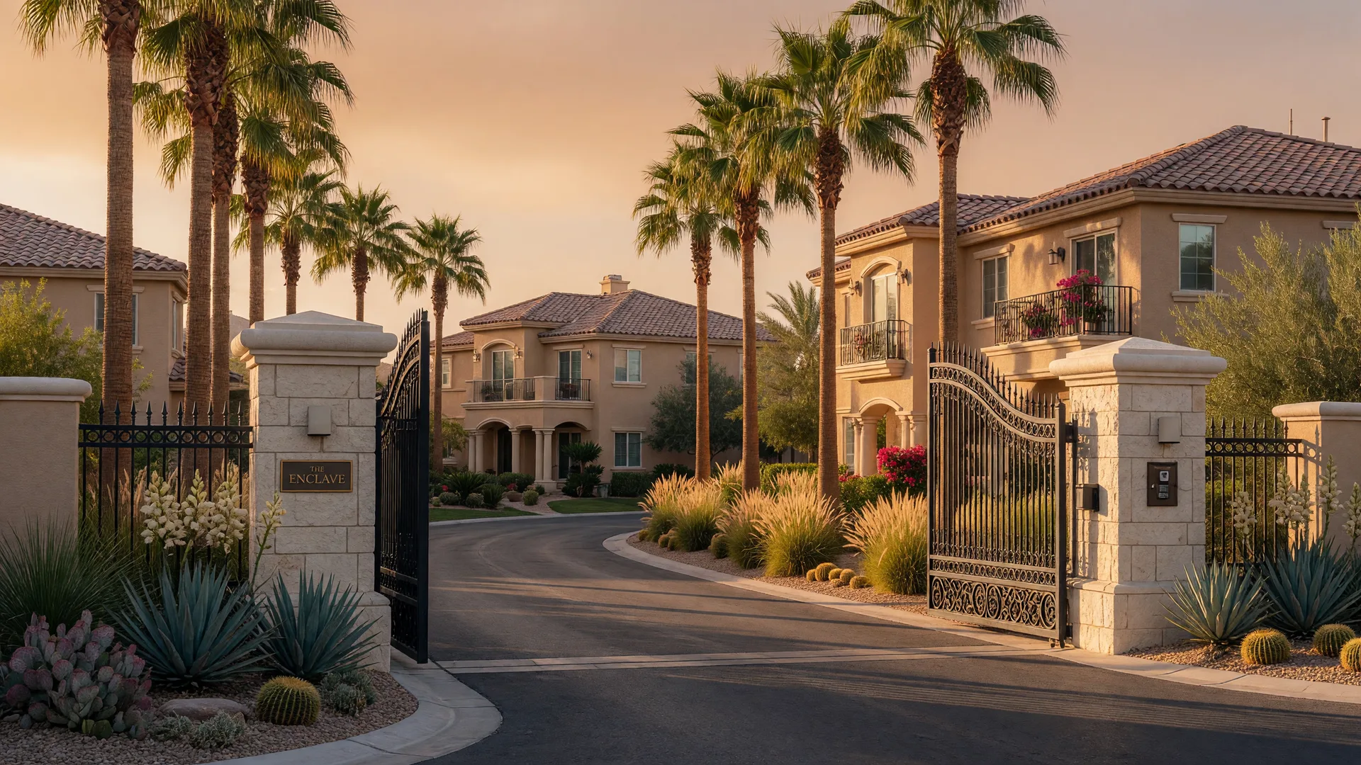 Parklike gated entrance with stone pillars and palms leading into a Summerlin master-planned community at golden hour