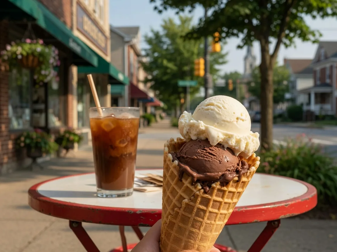 Two scoops of ice cream in a waffle cone on a cafe patio table with iced coffee