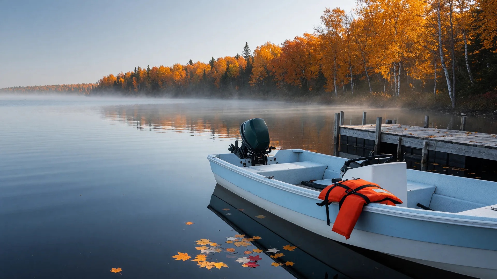 A fishing boat resting on a calm bay of the Whitefish Chain in early October, an orange life jacket on the gunwale, with brilliant orange and gold shoreline and morning mist over cool water