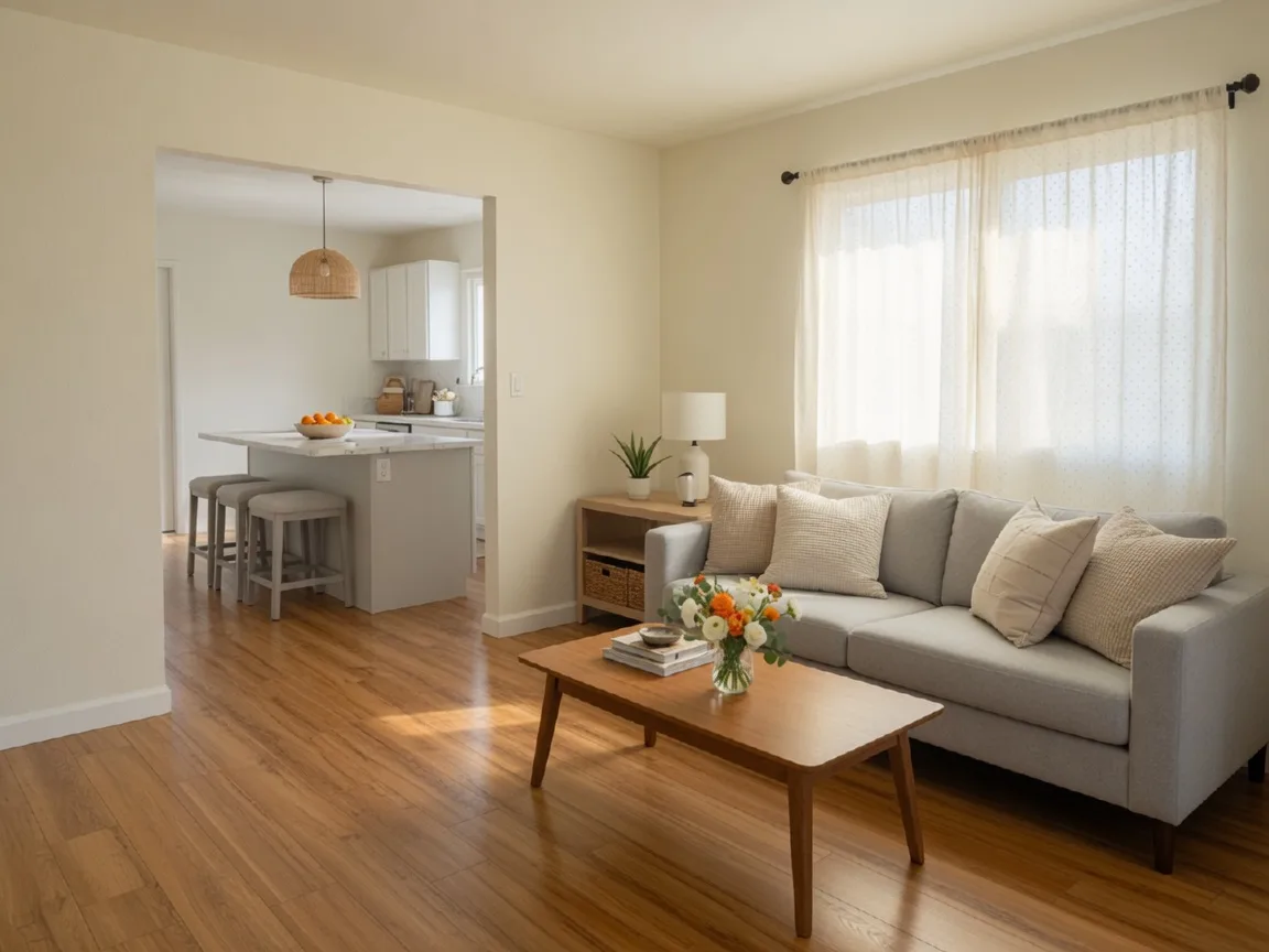 A bright freshly staged living room of a Central Valley home prepared for an open house, cream walls, a light gray sofa, a wood coffee table with white and orange flowers, sheer curtains in soft morning light, and a tidy kitchen island visible through the opening