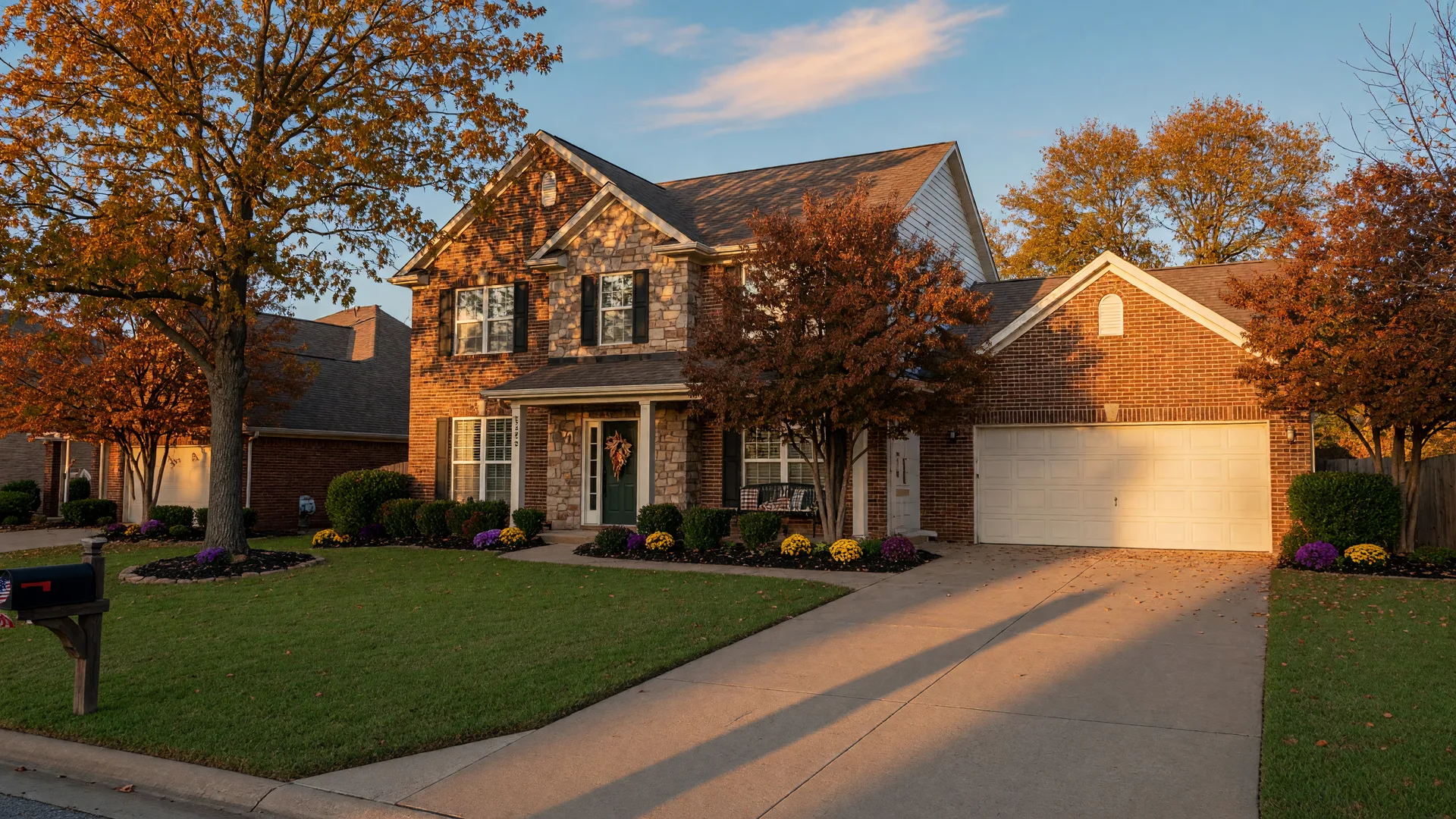 Welcoming suburban home in a Tulsa-area neighborhood with a brick and stone facade and autumn trees at golden hour