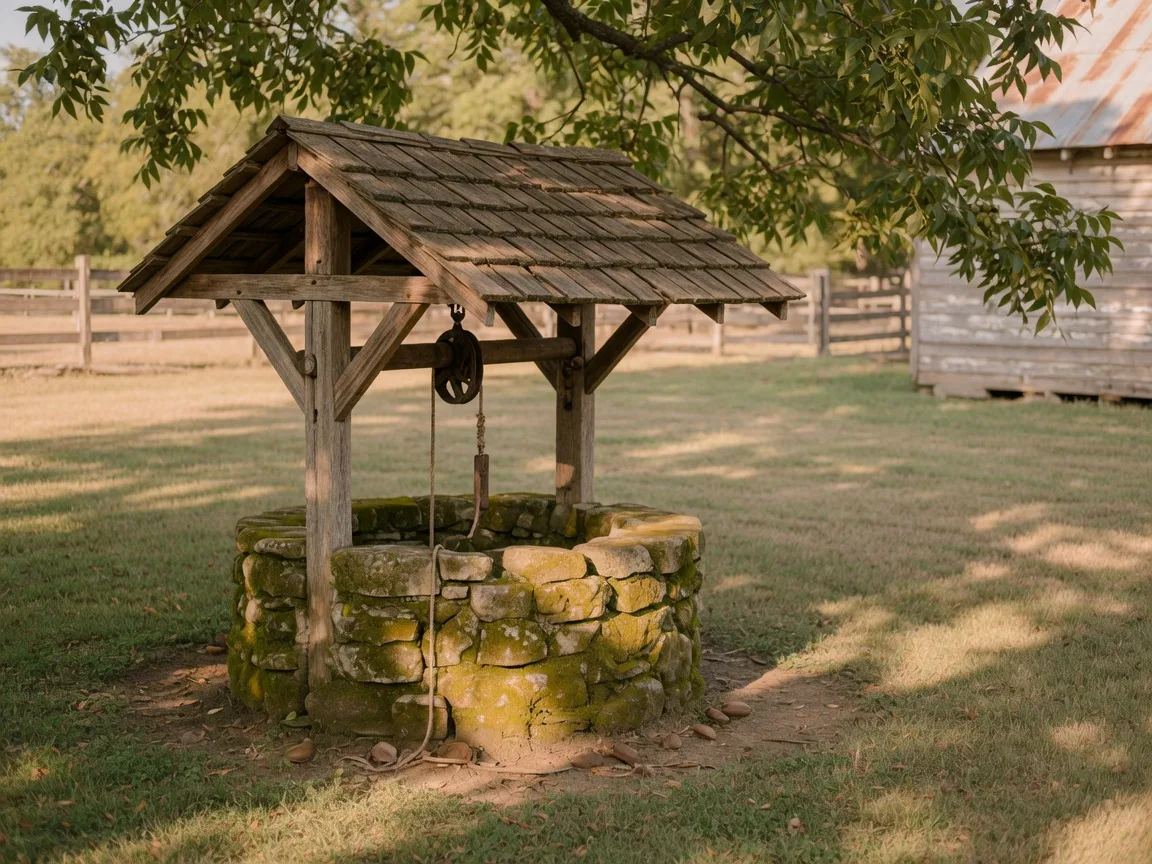 Rustic hand-dug stone well with wooden roof and iron pulley beneath mature pecan trees on a Georgia farmstead