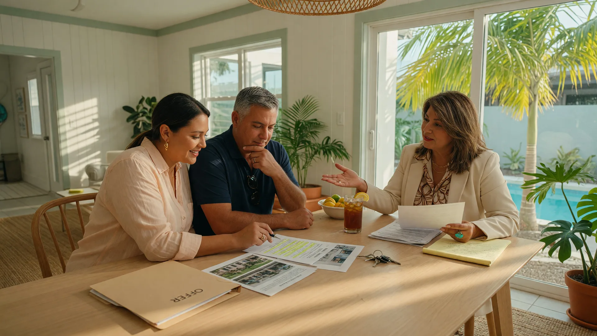 Couple reviewing an offer document and property papers with a real estate agent at a bright Florida dining table.