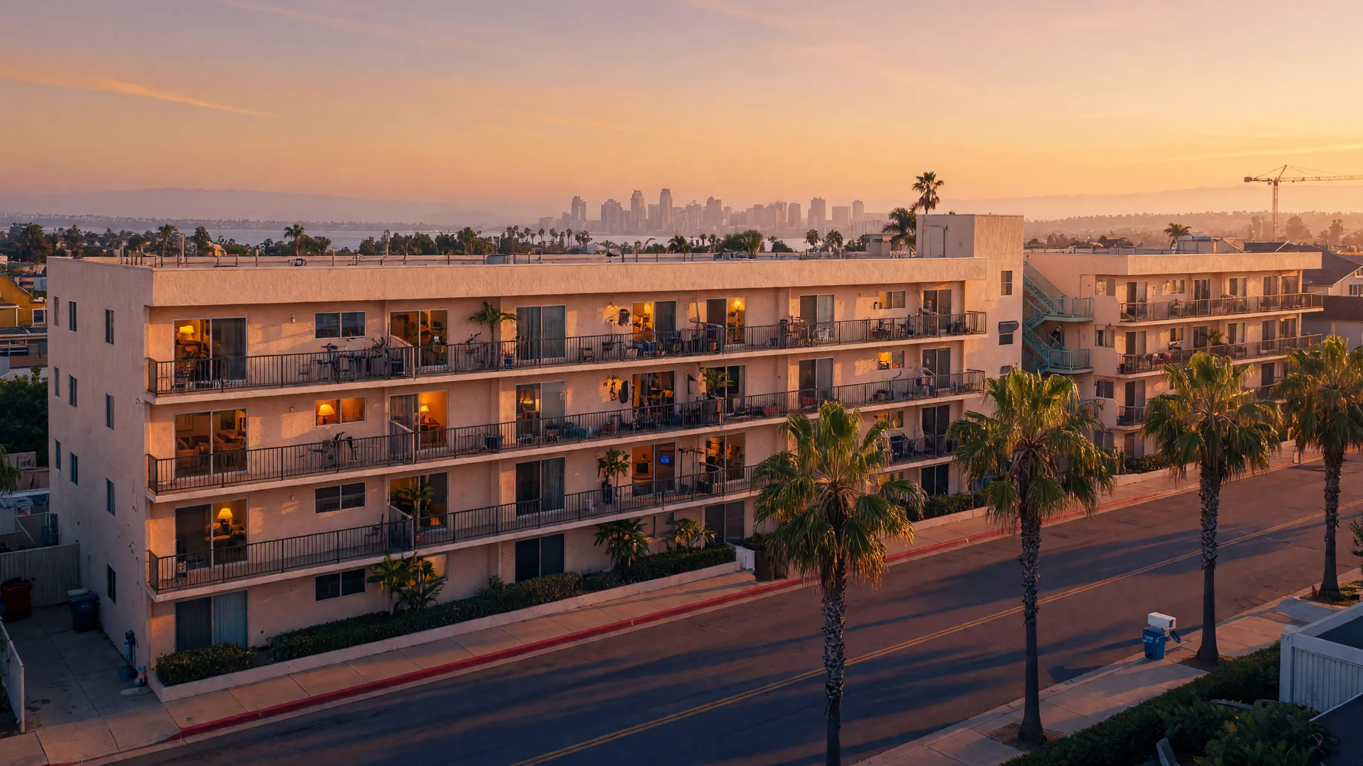 Multifamily apartment building in a San Diego neighborhood at dusk, with balconies lit and palm trees in the foreground