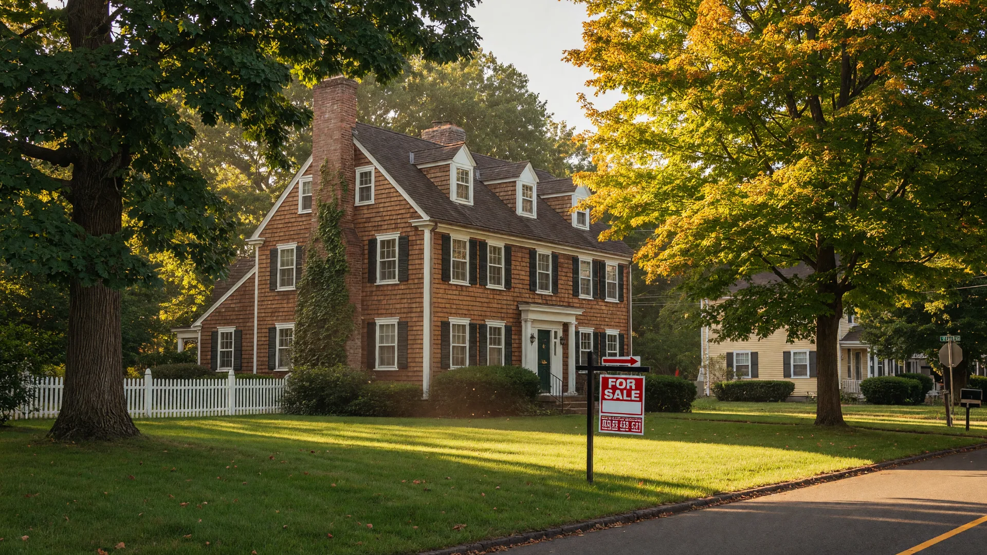 A classic Connecticut colonial home with a For Sale sign in the front yard on a late summer afternoon