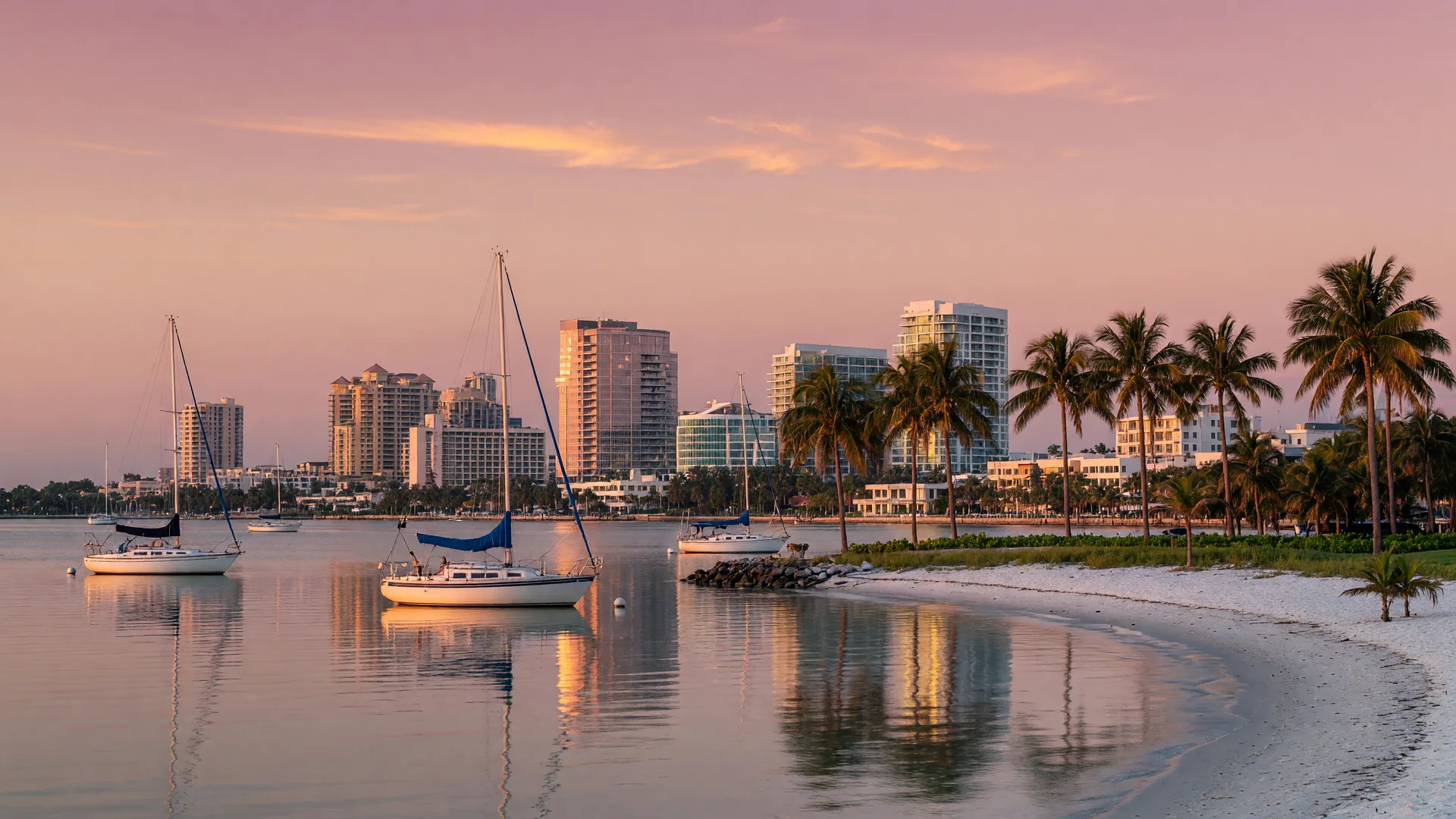 Sarasota skyline and Sarasota Bay at dusk with sailboats, a white-sand beach in the foreground, and warm golden-hour light