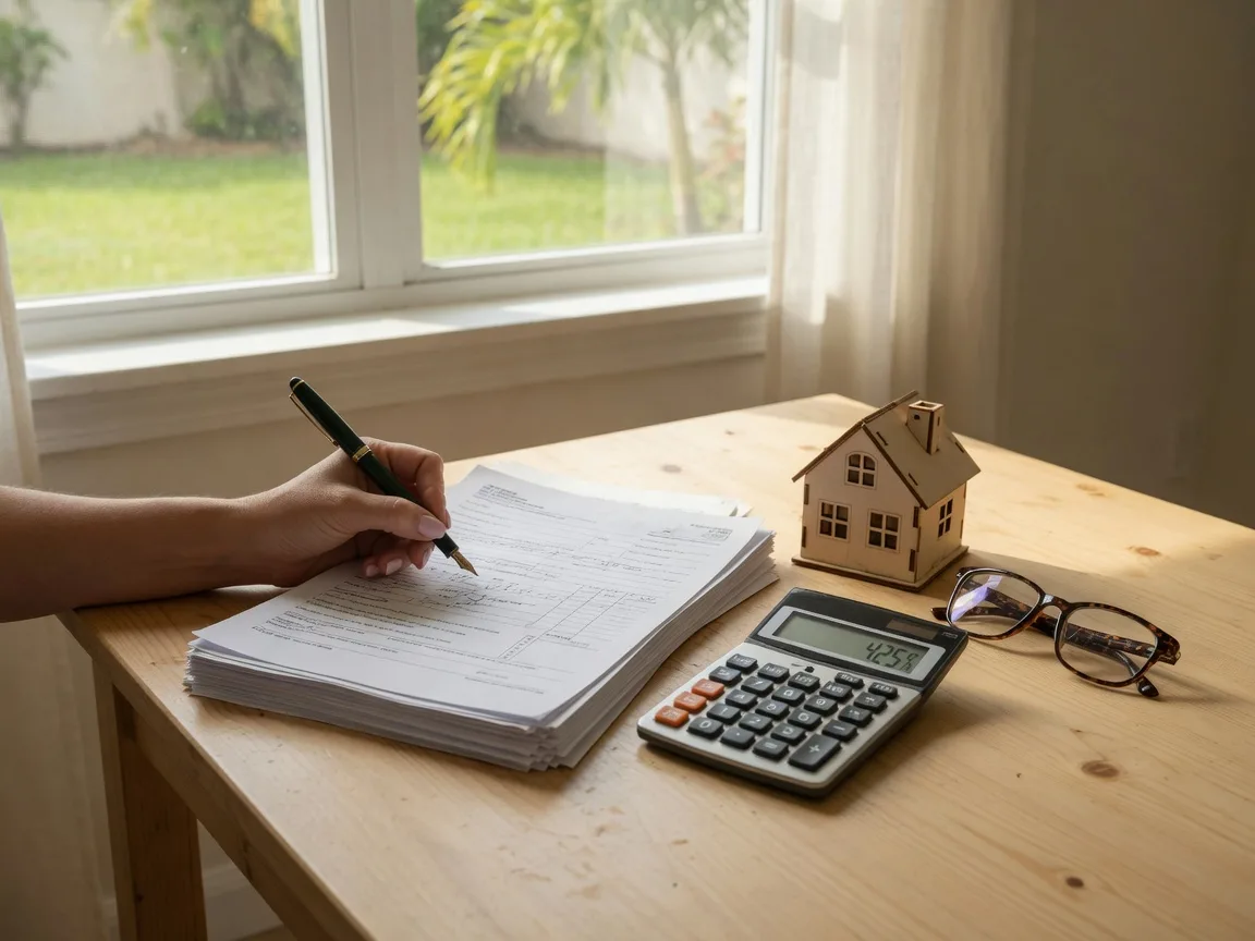 A hand writing on loan paperwork beside a calculator and a small model house, representing a buyer comparing USDA and FHA mortgage options