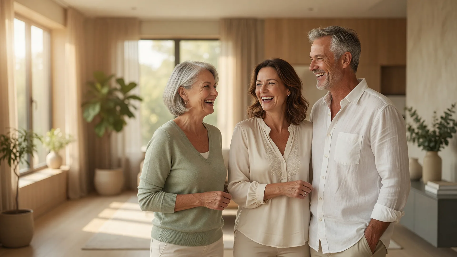 A man and two women smiling together in a bright, modern wellness interior in warm natural daylight