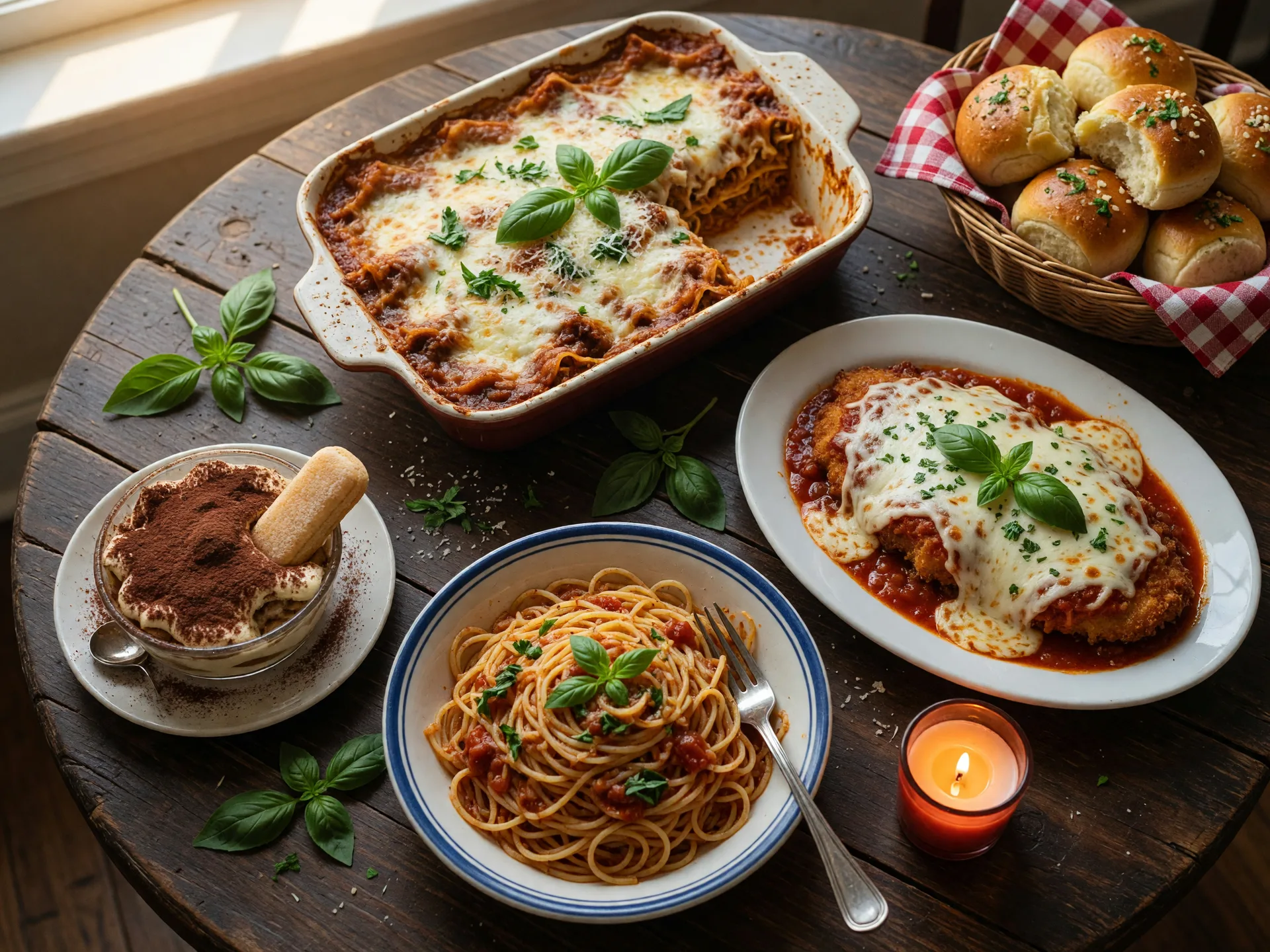 A spread of home-style Italian-American dishes at Antoneta's Italian Restaurant in Dacula Georgia: lasagna, garlic rolls, chicken parmigiana, and spaghetti