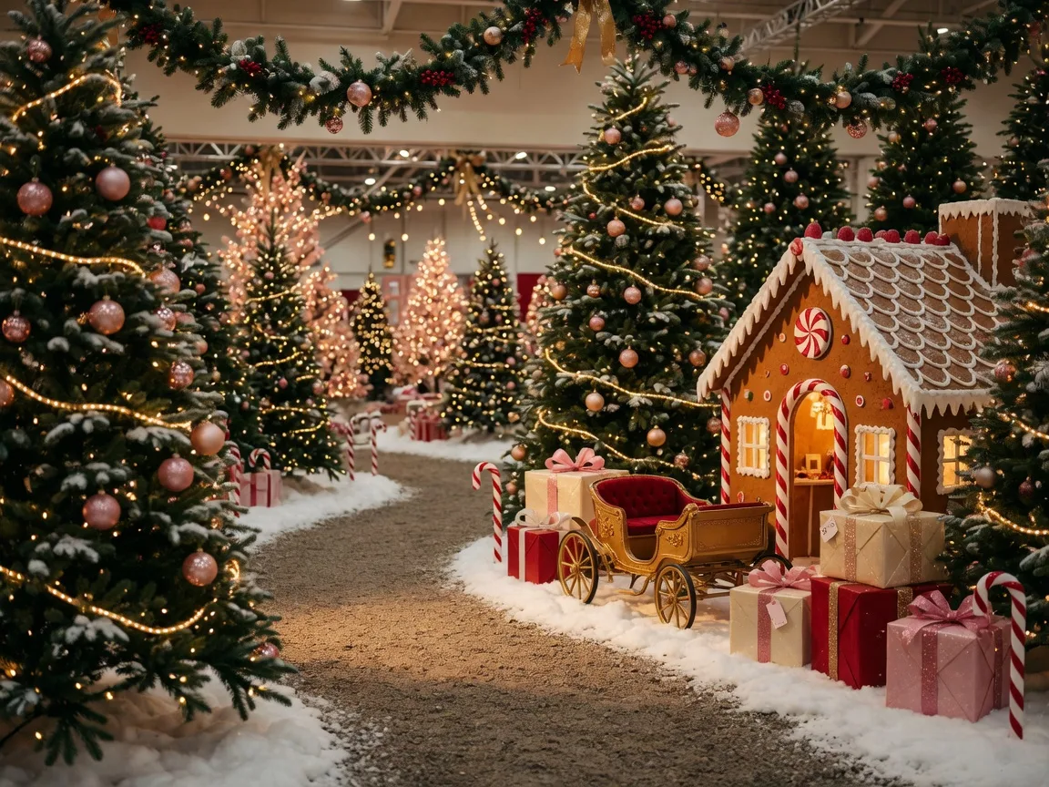Magical indoor holiday forest with a winding trail, glowing string lights, and storybook scenes at Christmas Storybook Land in Albany, Oregon