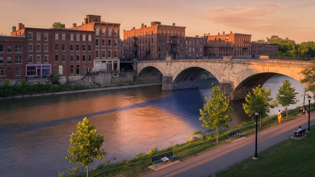 Historic brick mill buildings and a stone-arch bridge along the Great Miami River in downtown Hamilton Ohio at golden hour