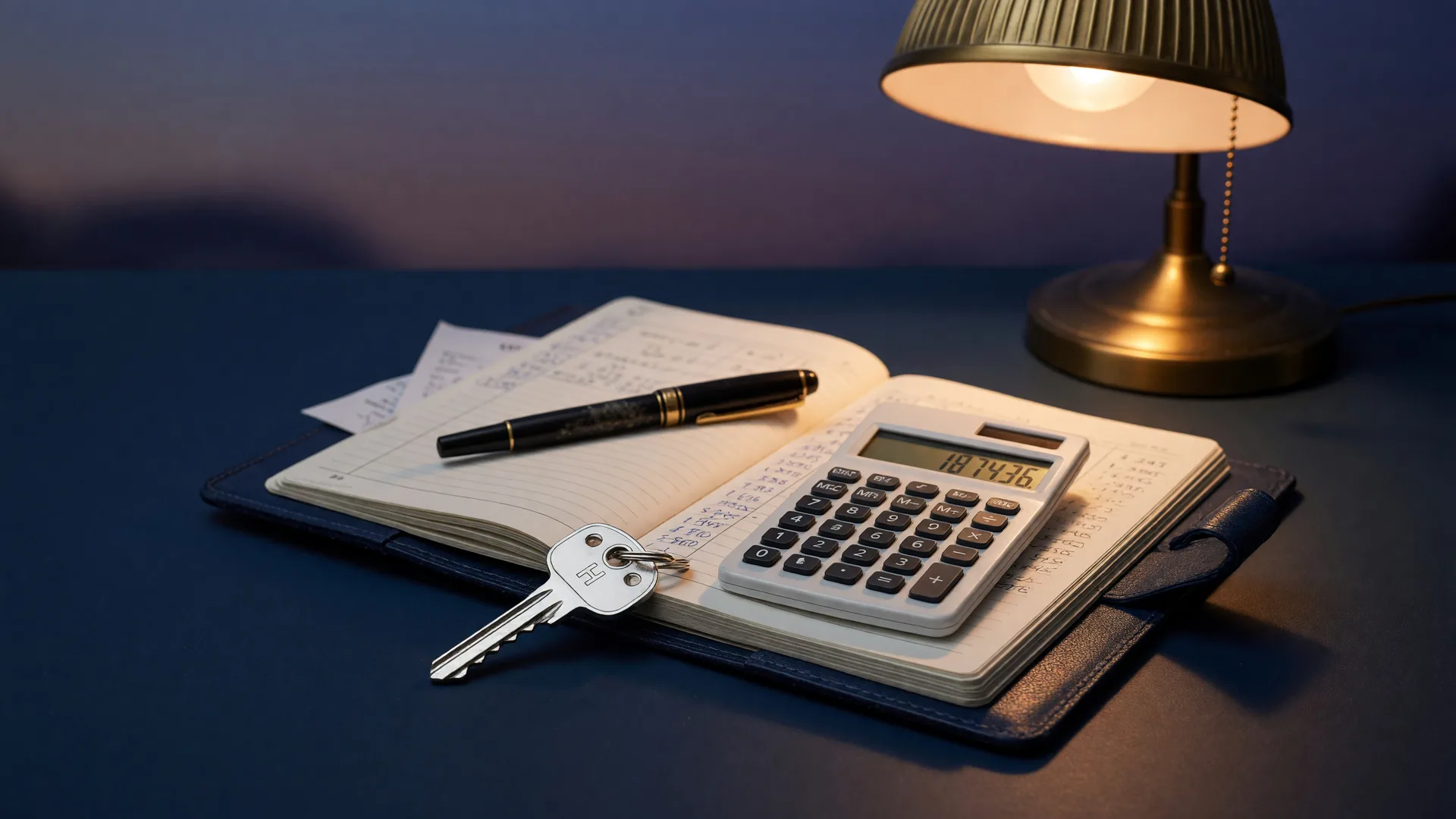 A house key, calculator, and fountain pen resting on a leather notebook on a navy desk at dusk