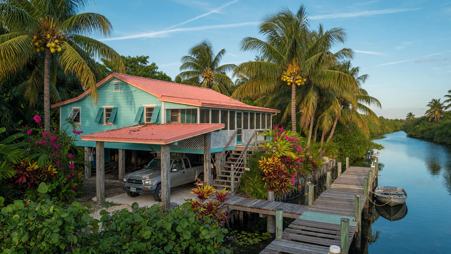 Elevated tropical home with carport in the Florida Keys, surrounded by palm trees on a sunny day with a canal and dock in the background