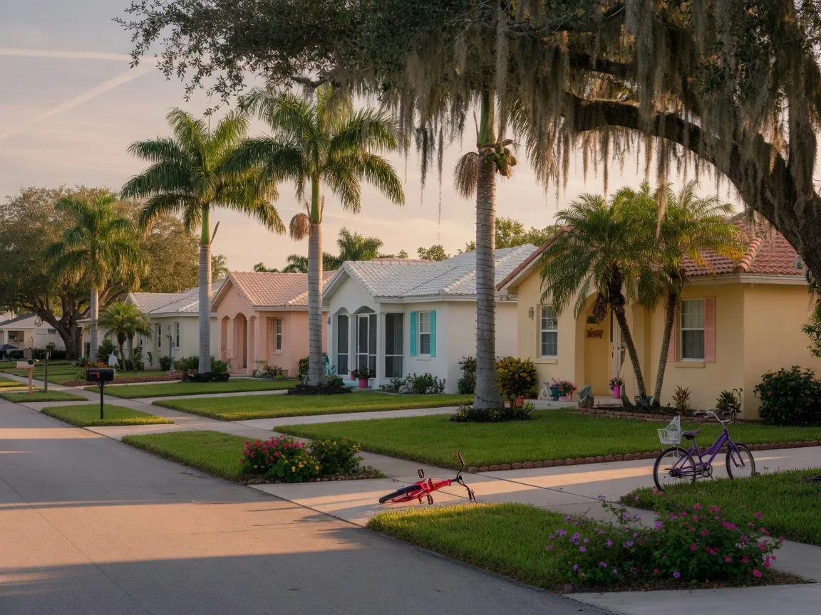 A quiet residential street in a Sarasota neighborhood with pastel homes, palm trees, and warm late-afternoon light