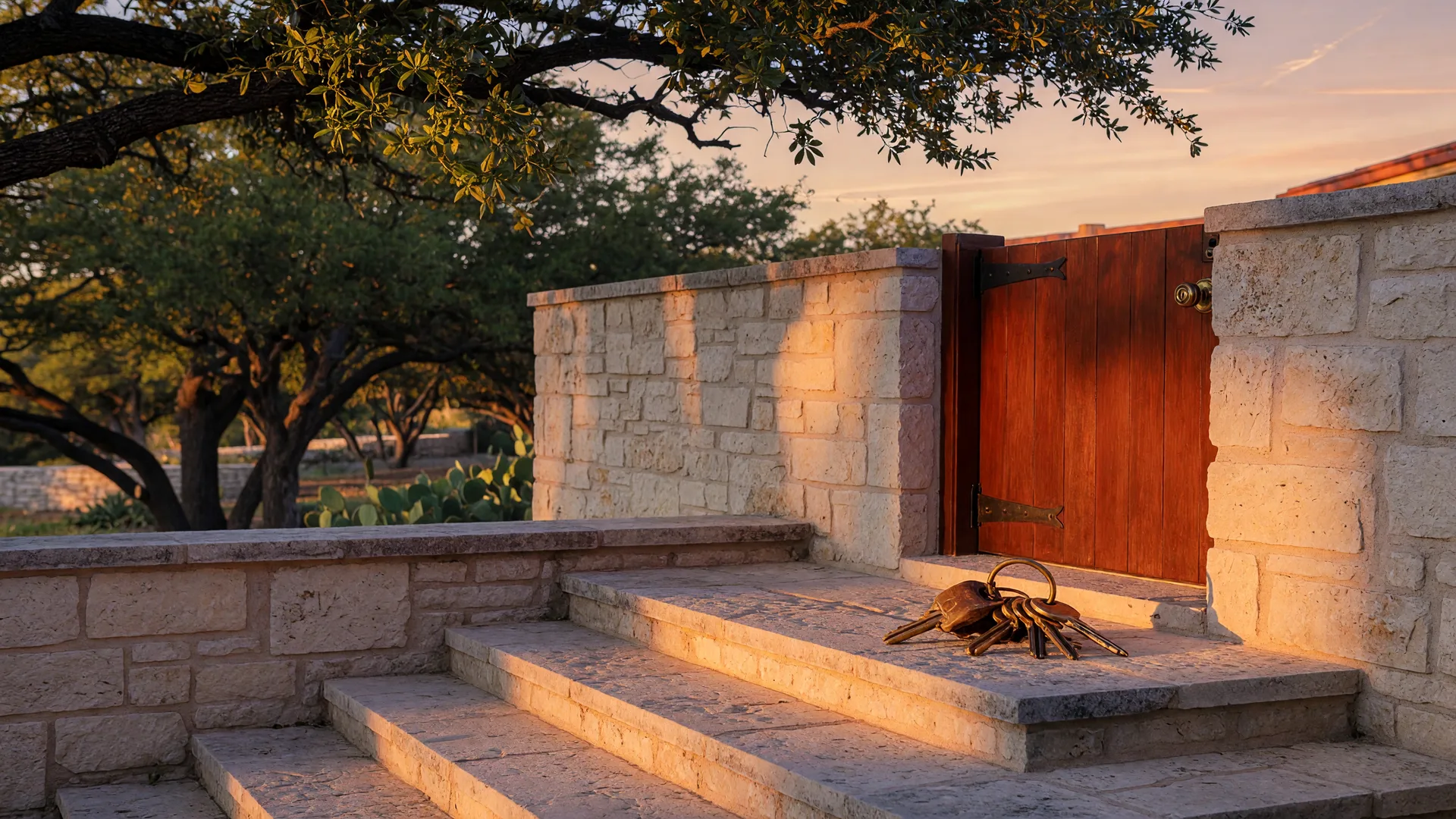 Golden-hour light on a Texas Hill Country home entrance, keys resting on the limestone step, a warm scene for a guide to assumable mortgages in San Antonio