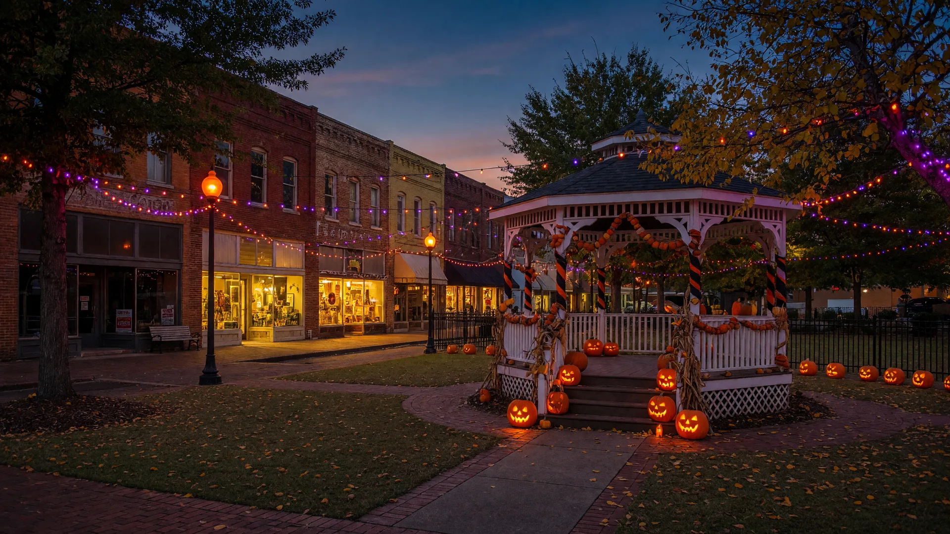 Downtown Winder's plaza park dressed for a fall Halloween festival at dusk, with string lights and pumpkins
