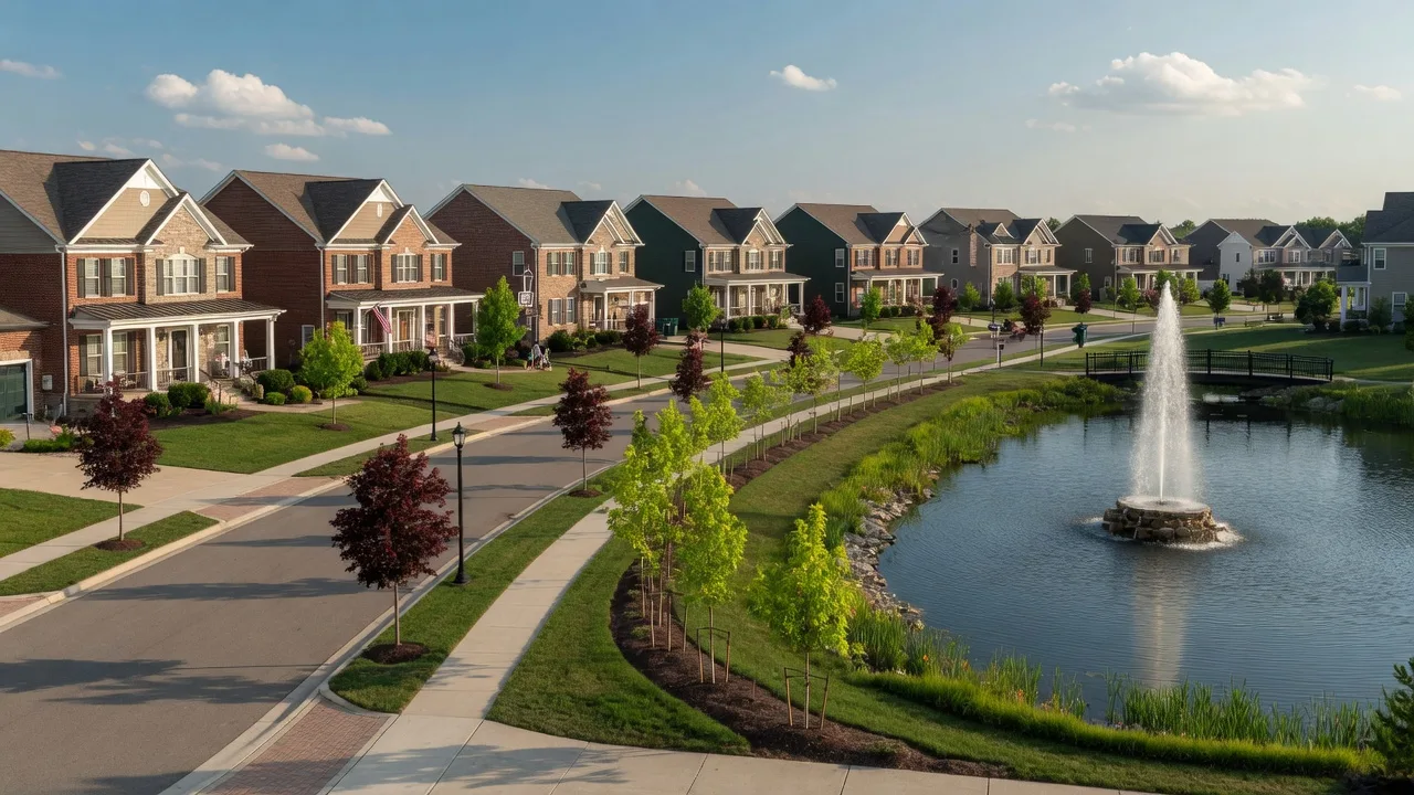 Modern brick and stone family homes along a tree-lined street with a landscaped fountain pond in West Chester Ohio